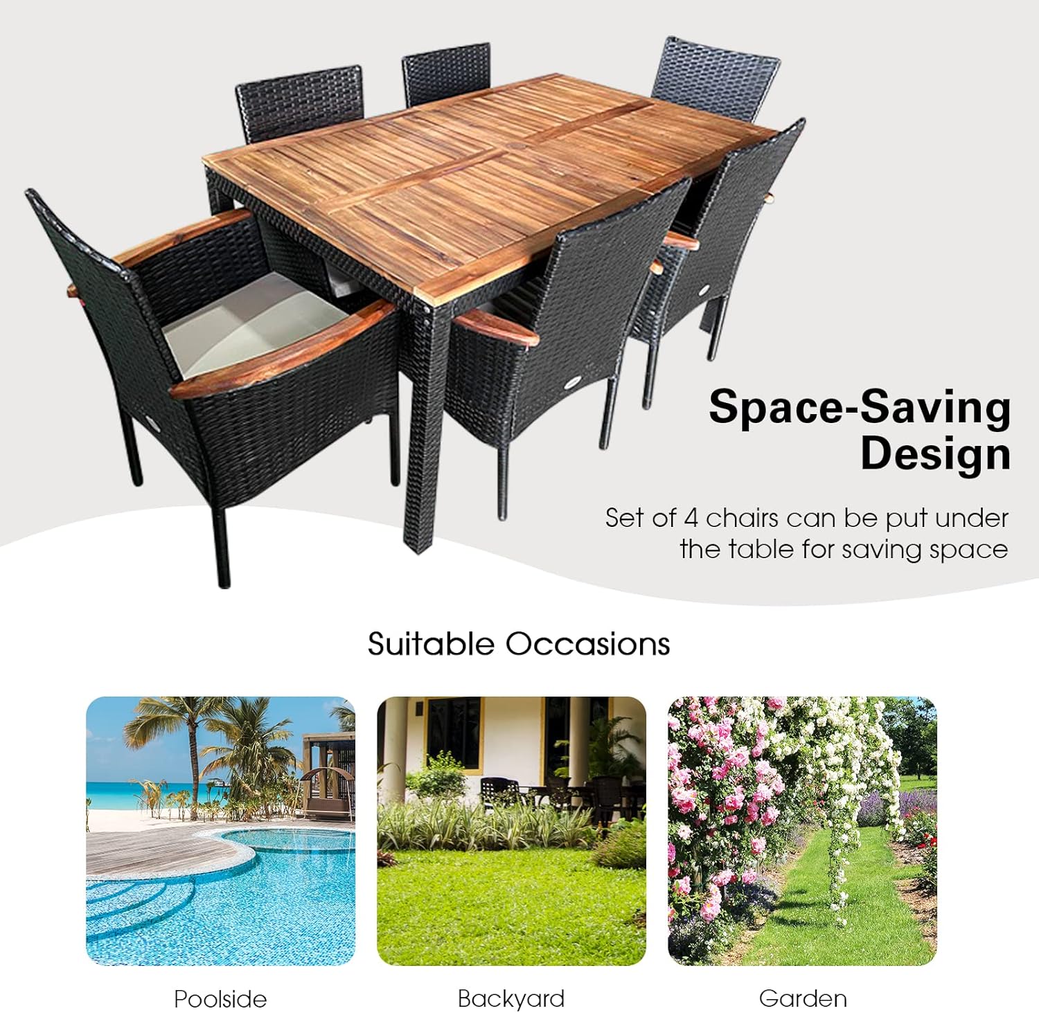 7 Pieces Patio Dining Set Outdoor Dining Set with Umbrella Hole, Wicker Patio Furniture Set with Acacia Wood Table and Chairs, Garden Dining Table Set for Backyard, Desk, Poolside (Brown)