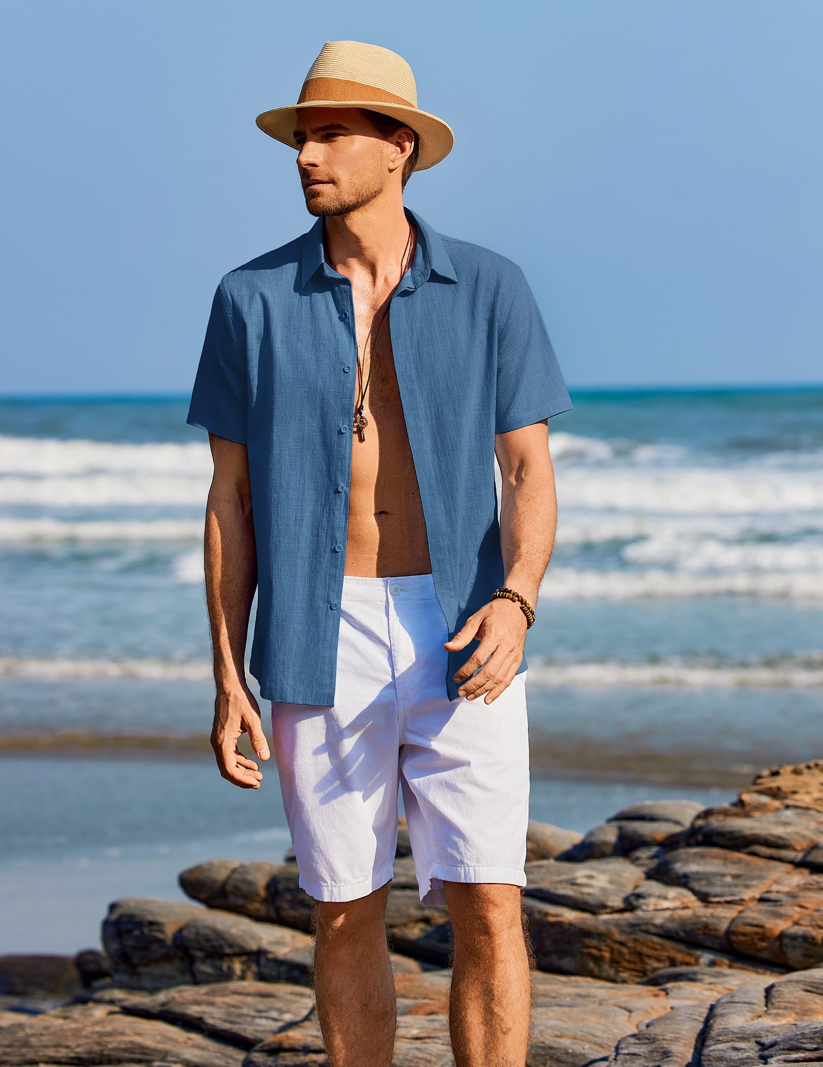 COOFANDY Camisa Hombre Manga Corta 100% Algodón Casual Regular Fit