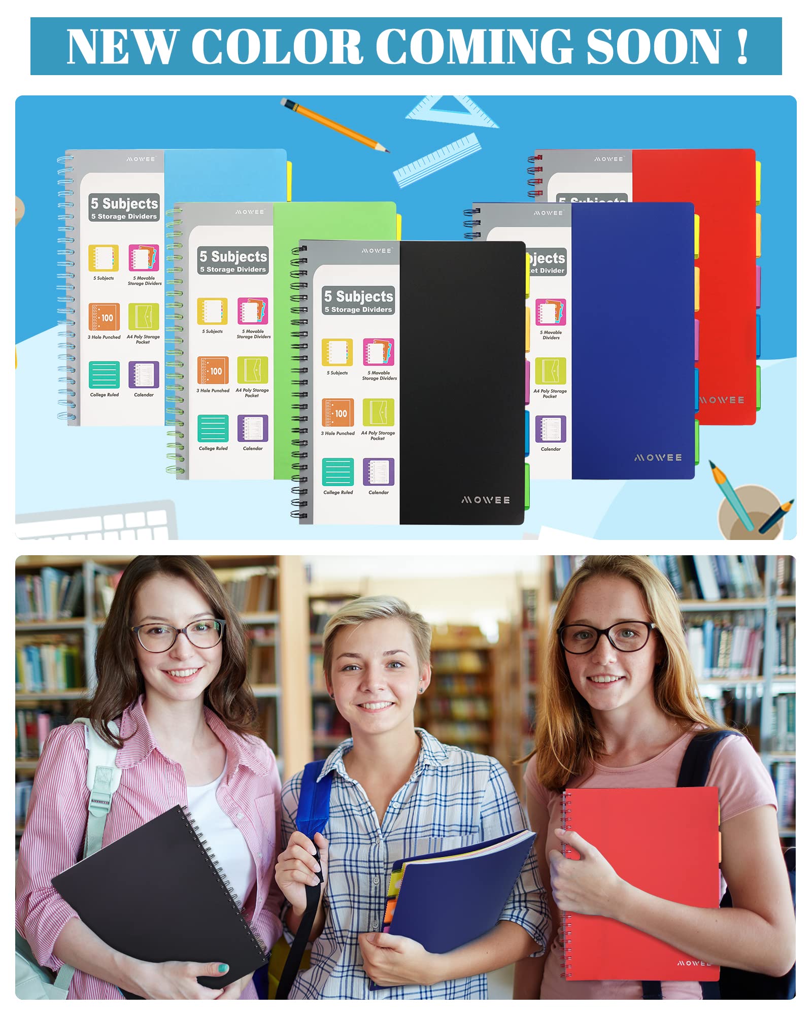 Lot de 3 carnets à 5 sujets lignés avec poches de rangement, onglets d'index, règle de 28 cm, 100 feuilles de 200 pages, pour l'école, le travail, les fournitures de bureau, 20,6 x 200 cm (noir