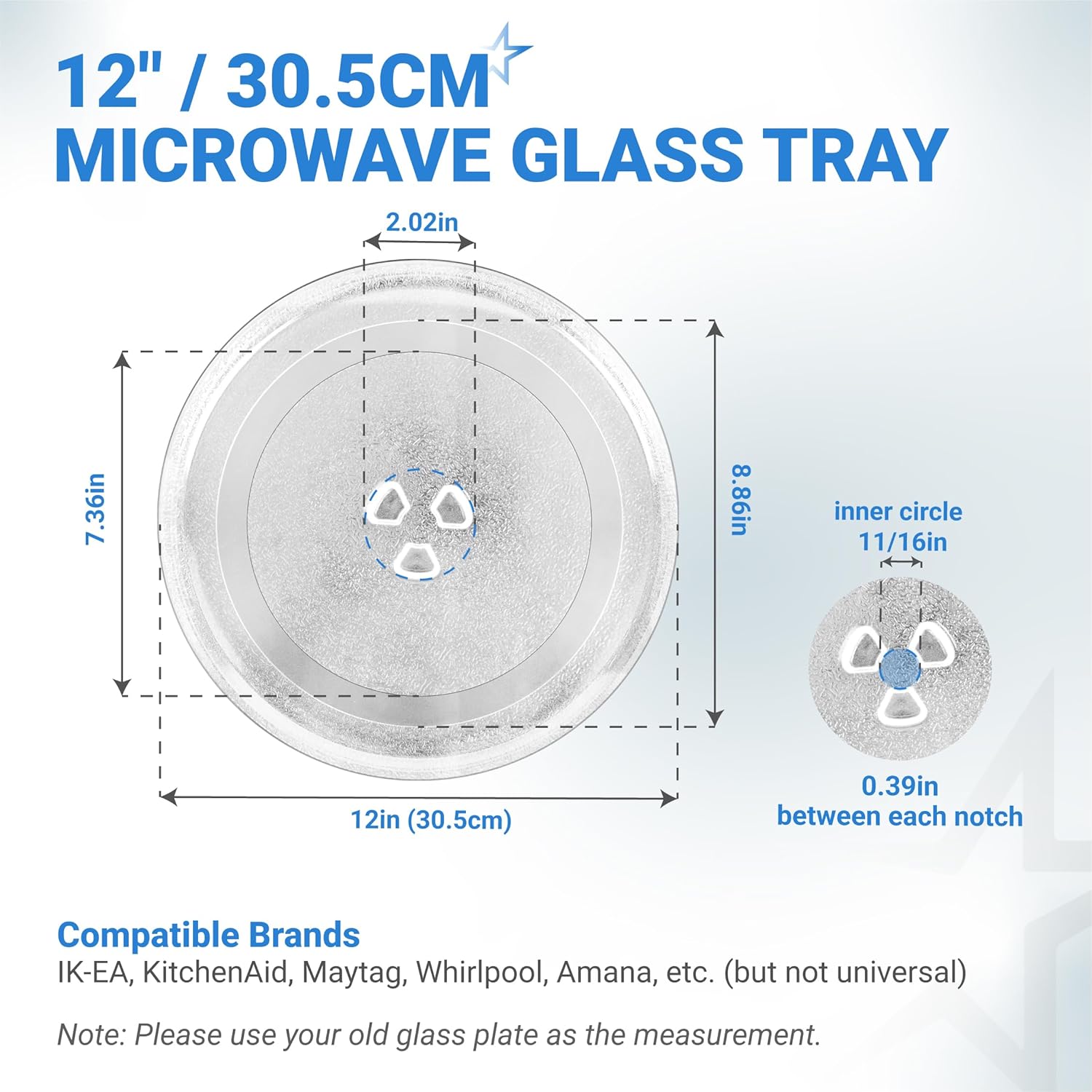12" Microwave Glass Turntable Plate Replacement 30.5cm by BlueStars - Fit for KitchenAid Maytag Whirlpool Amana - Replaces W10337247 W11367904 W11335034 W11443145 W11291538 - Durable Y-Type Tray