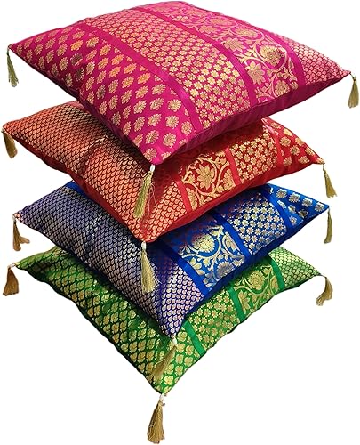 Juego de 4 fundas de almohada decorativas de seda bohemia de 16 x 16 pulgadas, Cojines para Sala, almohadas de granja para decoración y regalo del