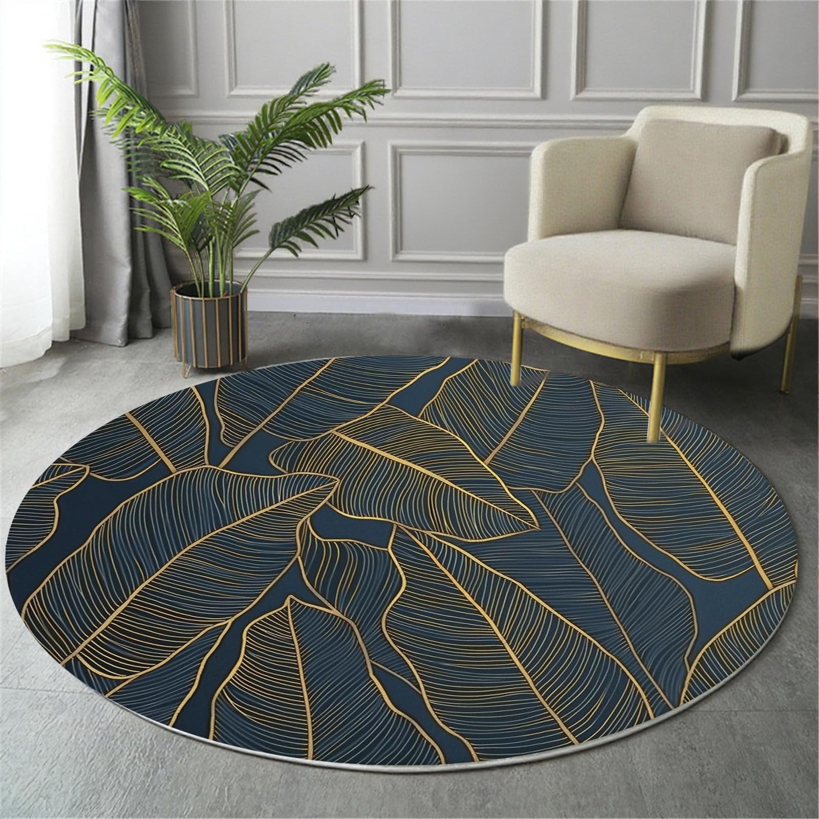 Tappeto Rotondo Salotto 100cm, Piante di lusso File di foglie di banano Tappeto Soggiorno Antiscivolo Pelo Corto, Tappeti Rotondi Lavabile Morbido Tappeti Camera da Letto Oro