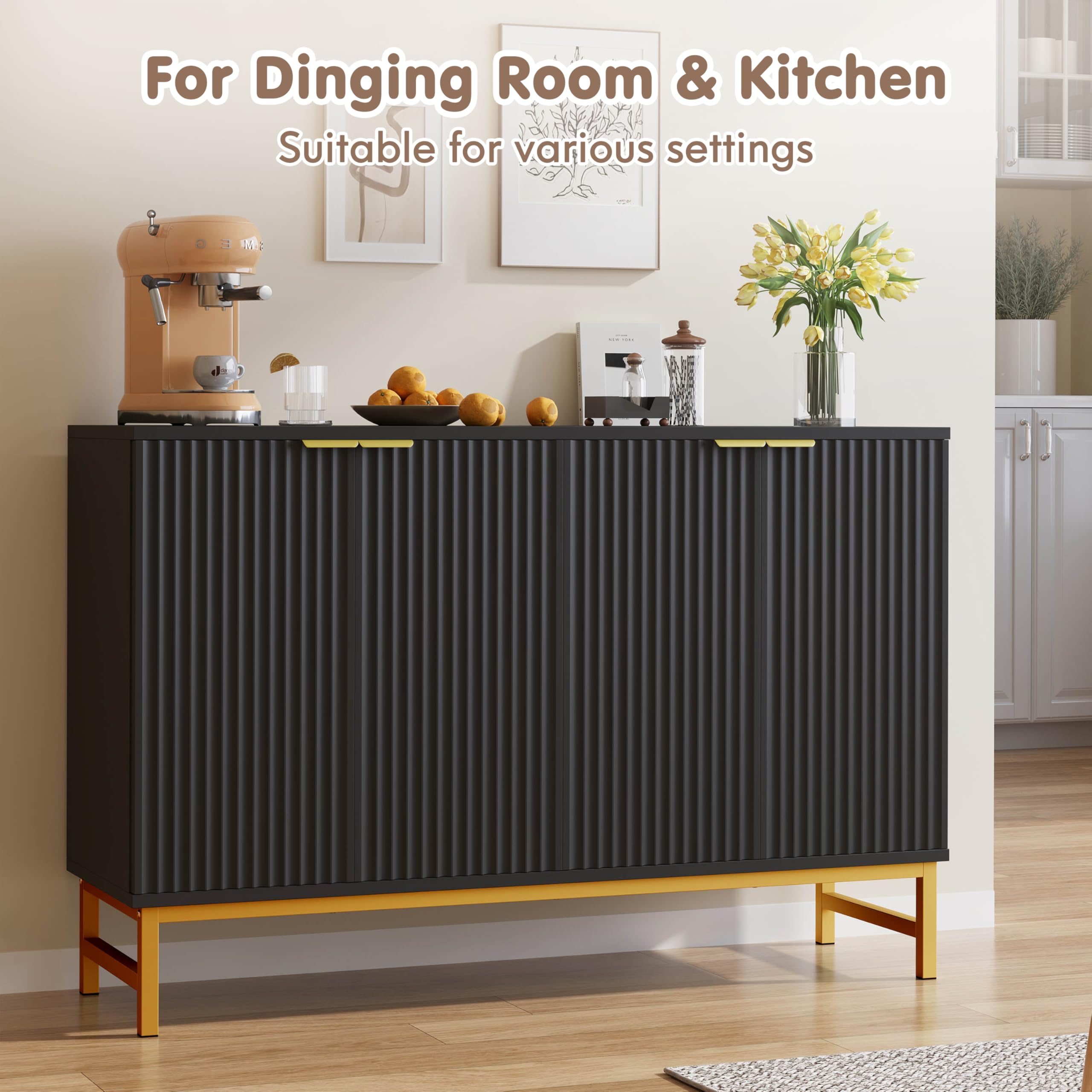 Luoxiao 120 cm Sideboard Buffetschrank mit 4 Türen Holz Kommode Modern Küchenschrank mit Metallbeine Schrank für Wohnzimmer, Esszimmer, Küche, Flur, Büro, Schwarz