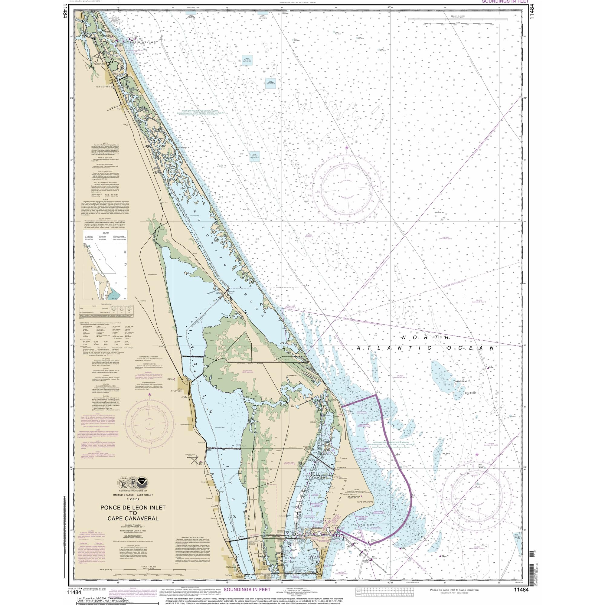 Paradise Cay Publicatoins, Inc. Historical NOAA Chart 11484: Ponce de Leon Inlet to Cape Canaveral - Print on Demand - Historic Version or Updated NCC