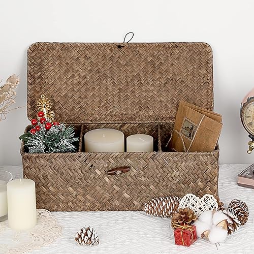 Vista 25 de Hipiwe Cesta de almacenamiento de hierba marina con tapa, rectangular, tejida, para armarios, despensa, baño, cocina, estantes, organización