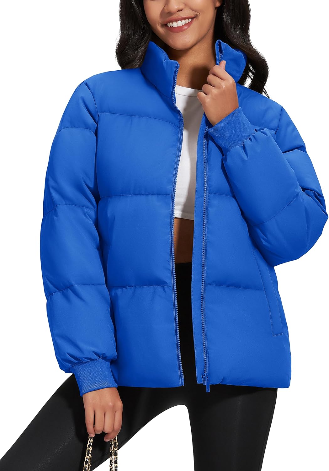 MAGCOMSEN Women’s Winter Down Puffer Jackets Stand Collar Zip Up Water Resistant Warm Padded Quilted Coat with Pockets