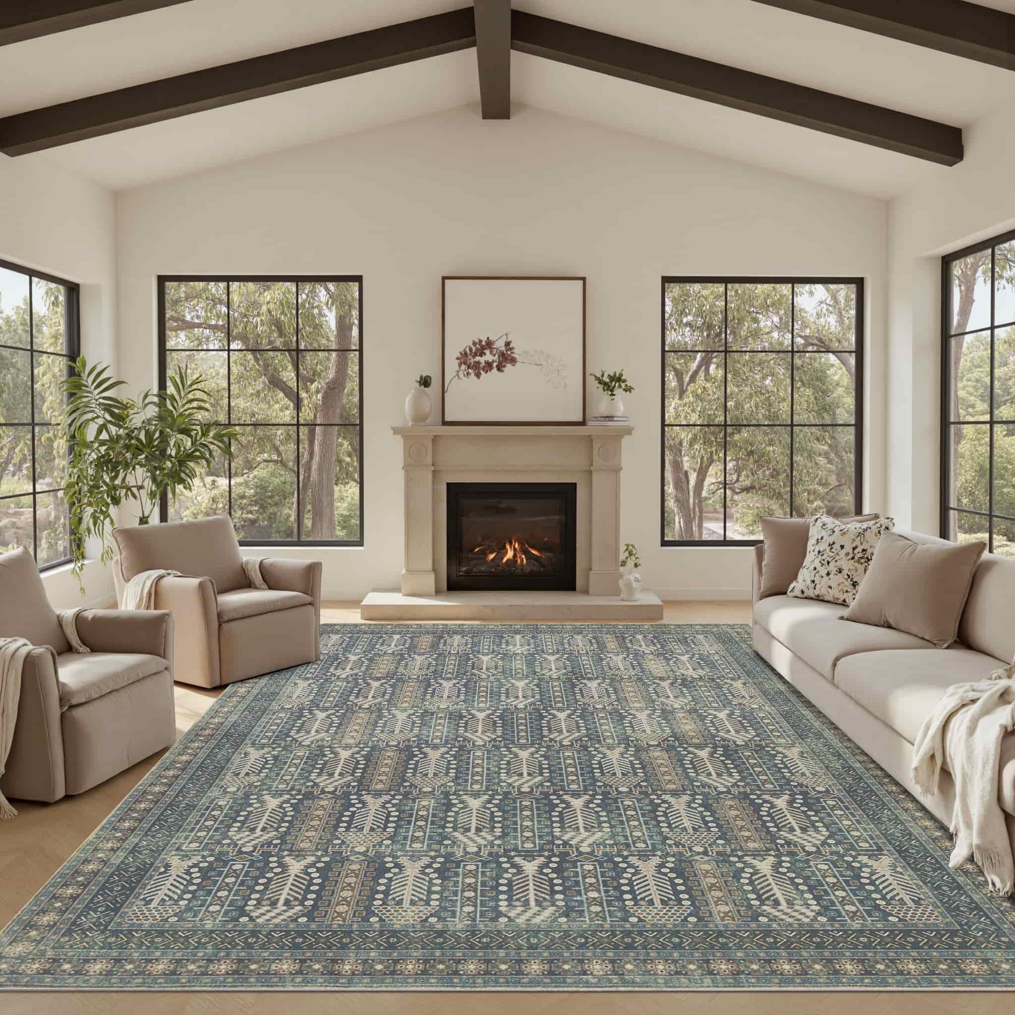 Rugxara 8x10 Washable Area Rugs for Living Room&Bedroom - Floral Boho Vintage Rug,Soft & Non-Slip,Low Pile Wool Carpet for Indoor Dining Room,Girls