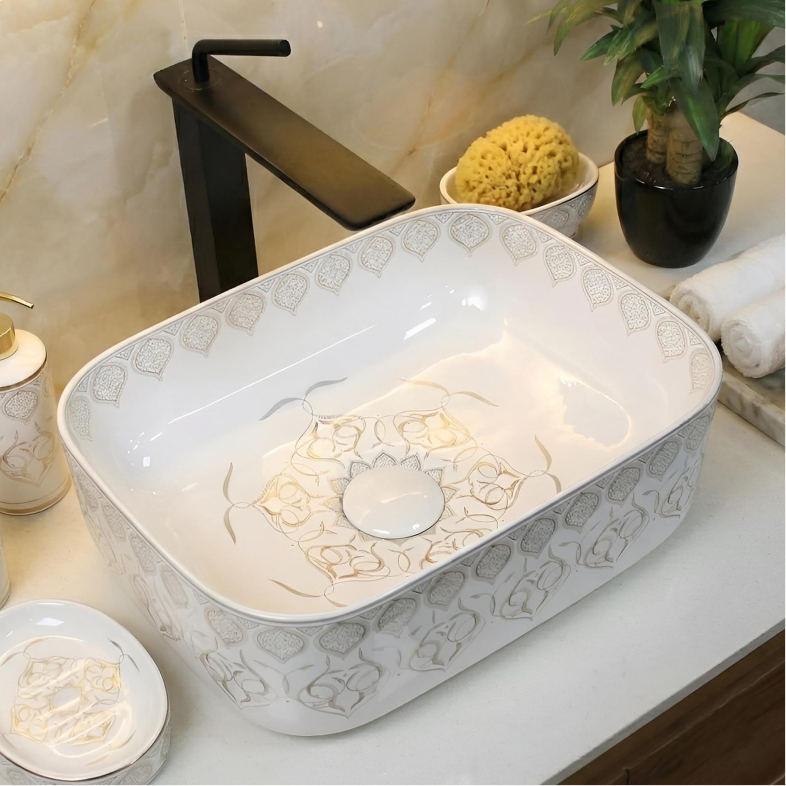 BASSINO 16x12x6 Inch Ceramic Counter Top Wash Basin/1 Year Warranty/White & Brown Basin for Bathroom/Moroccan Design/Rectangular Tabletop Washbasin for Restaurant/Dining Hall/Living Room/Home(Glossy)