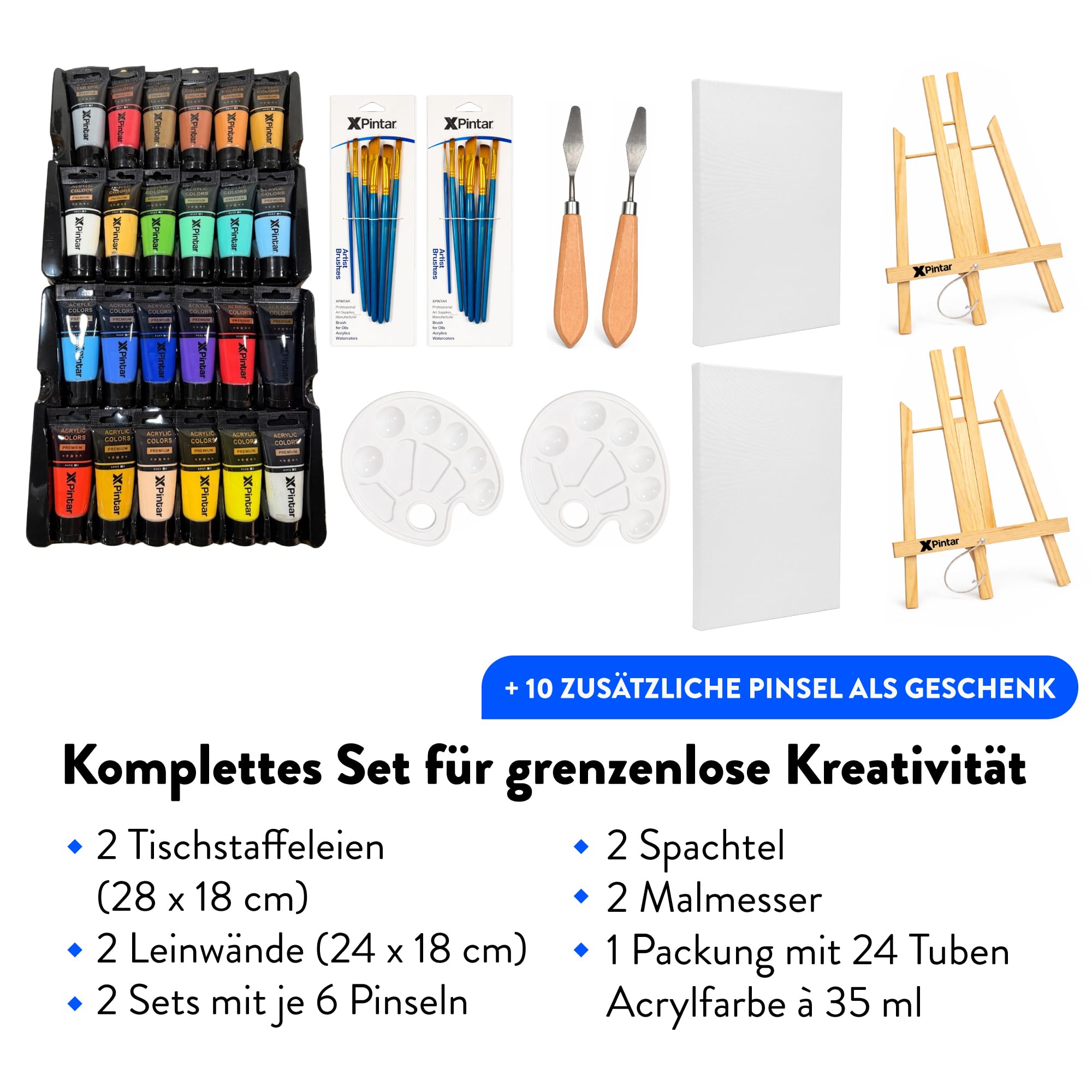 Acrylfarbenset mit 2 Staffeleien, 2 Leinwänden, 24 Farben, 35 ml, 12 Pinsel, 2 Spateln und 2 Paletten für Paare, Erwachsene, kreatives Geschenk, Basteln, Kunst, Dekoration und Freizeit zu Hause und