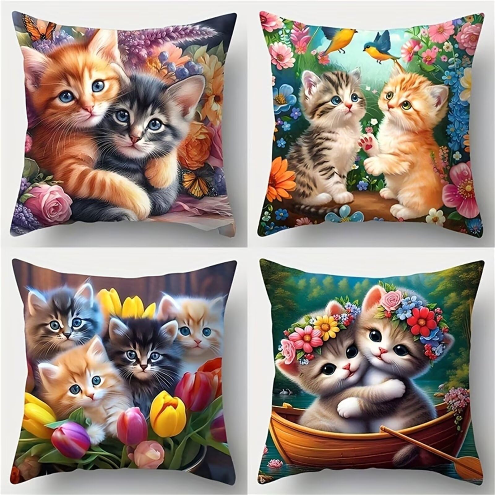 Housses de Coussin 60x60 cm Lot de 4 - Chat Tulipe - en Lin Doux et Respirant - Taies d'oreiller Décoratives avec Fermeture Éclair Dissimulée pour Canapé, Salon et Chambre