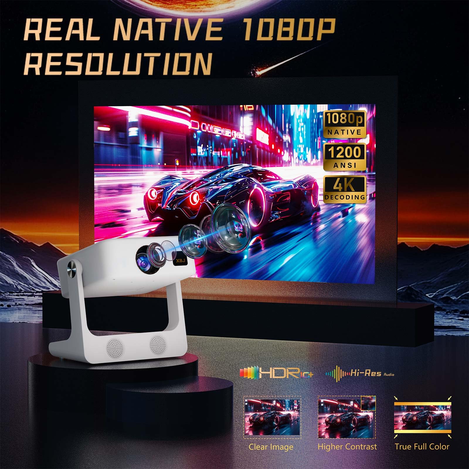 XBJ Portable Projector [Native 1080P/Electric Focus/4K Support