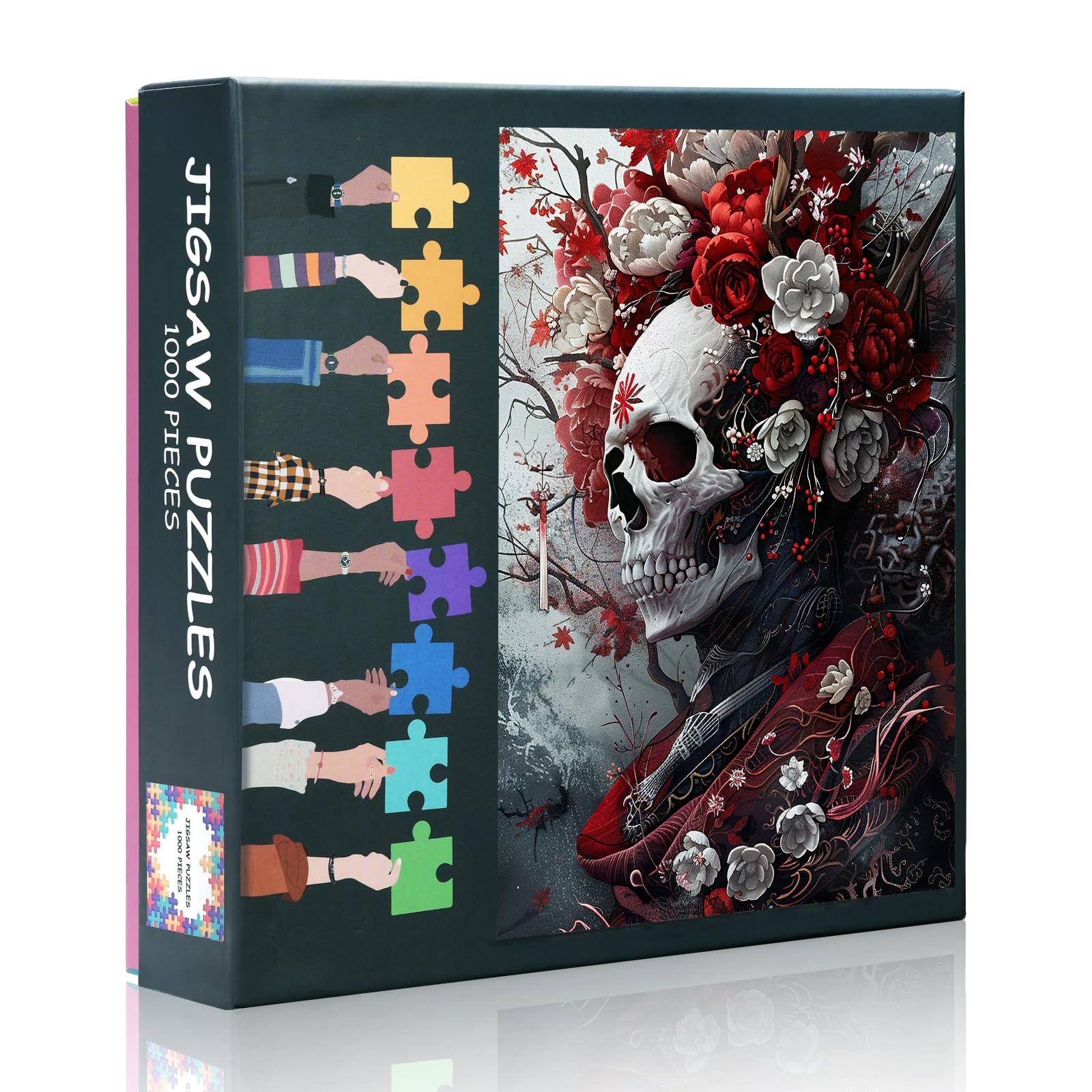 1000 Piece Jigsaw Puzzle for Adults, Skull with Red and White Flowers Art, Premium Adult Puzzles 1000 Pieces for Home Decor - 27.5x19.7 In