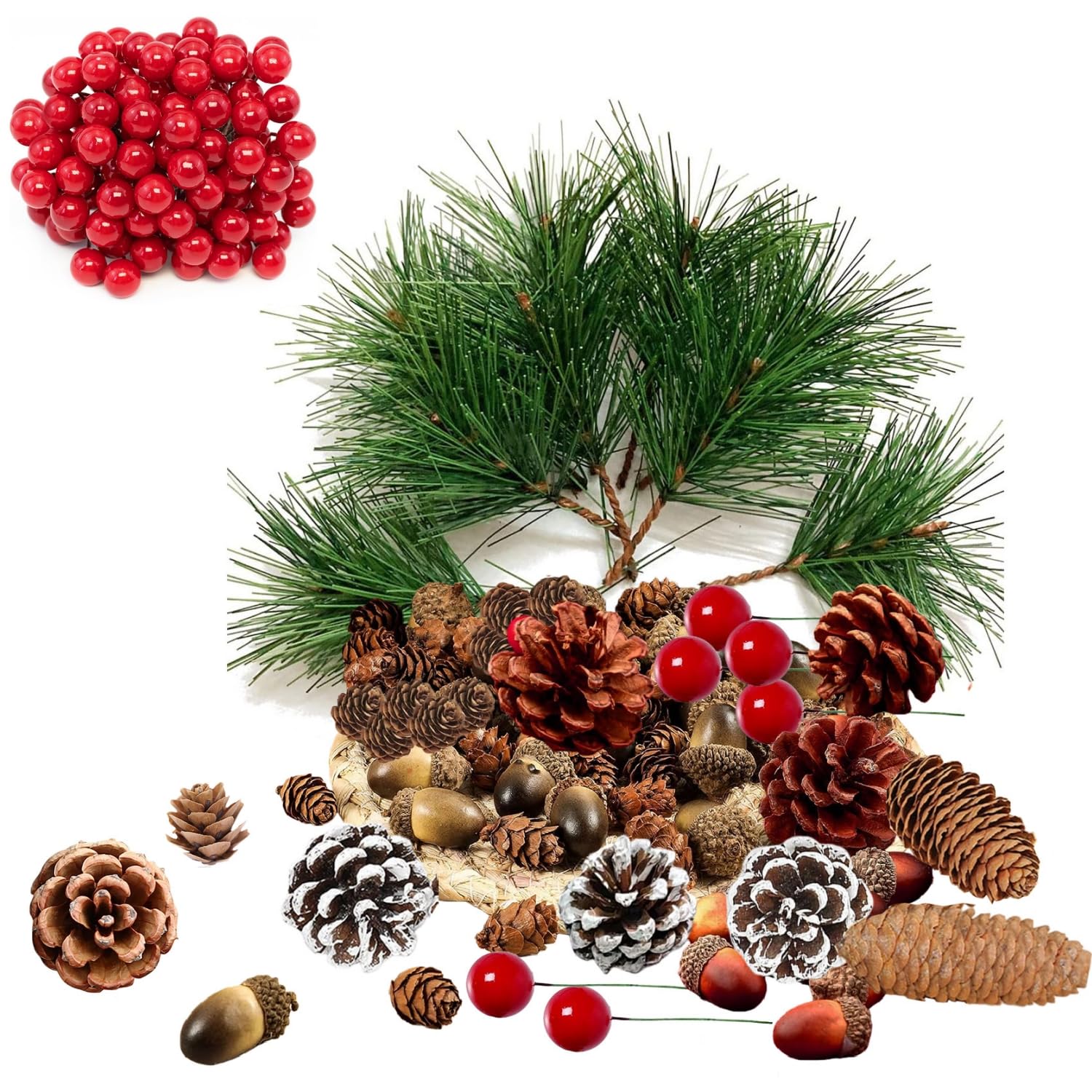130P Fake Christmas Holly Sprigs Artificial Pine Picks with Red Berry Natural Pine Cones,Christmas Pines Needles Holly Berries Stems Decor,Xmas Foliage Acorns Holly Bouquets Craft Flower Wreath Decor