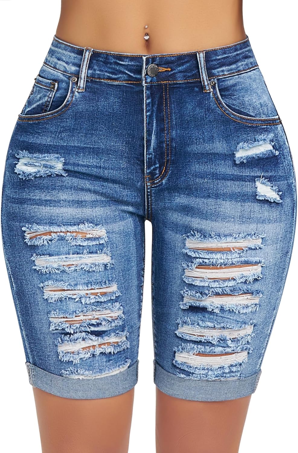 roswear Women's Distressed Knee Length Ripped Stretchy Jean Shorts