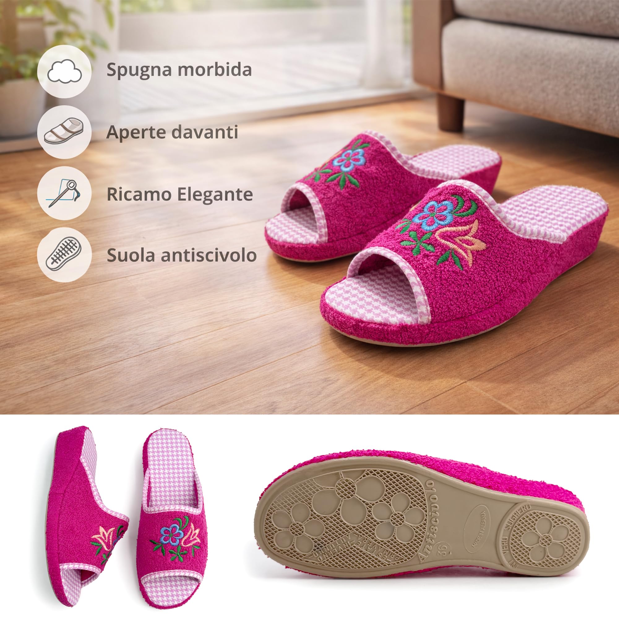 JOMIX Ciabatte Donna Spugna Aperte Davanti Pantofole da Casa Estive Morbide Zeppa Leggera e Suola Antiscivolo Comfort