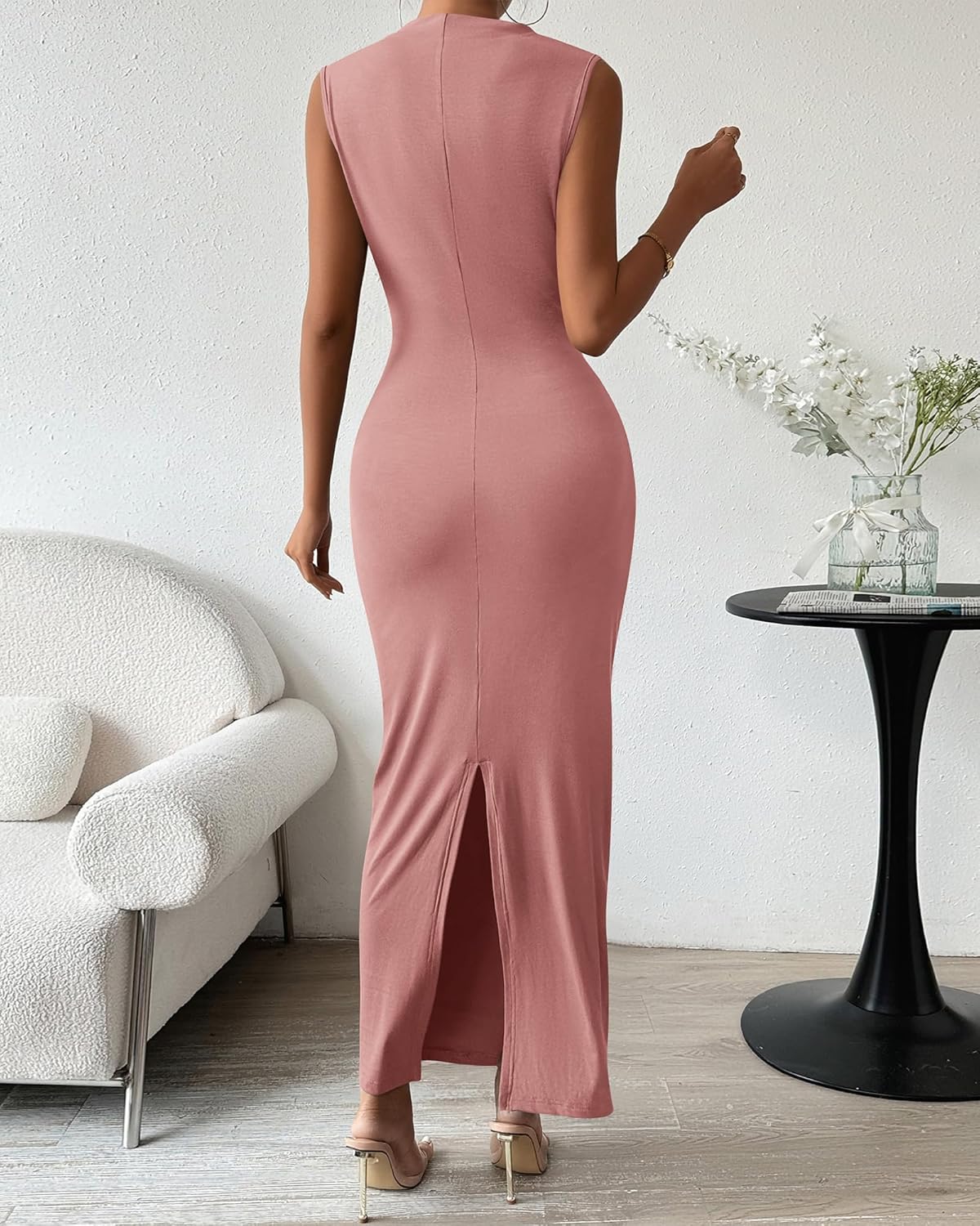 BTFBM Women's Ruched Bodycon Dress Summer Casual Sleeveless Lightweight Back Slit Elegant Club Party Cocktail Maxi Dresses - Image 4