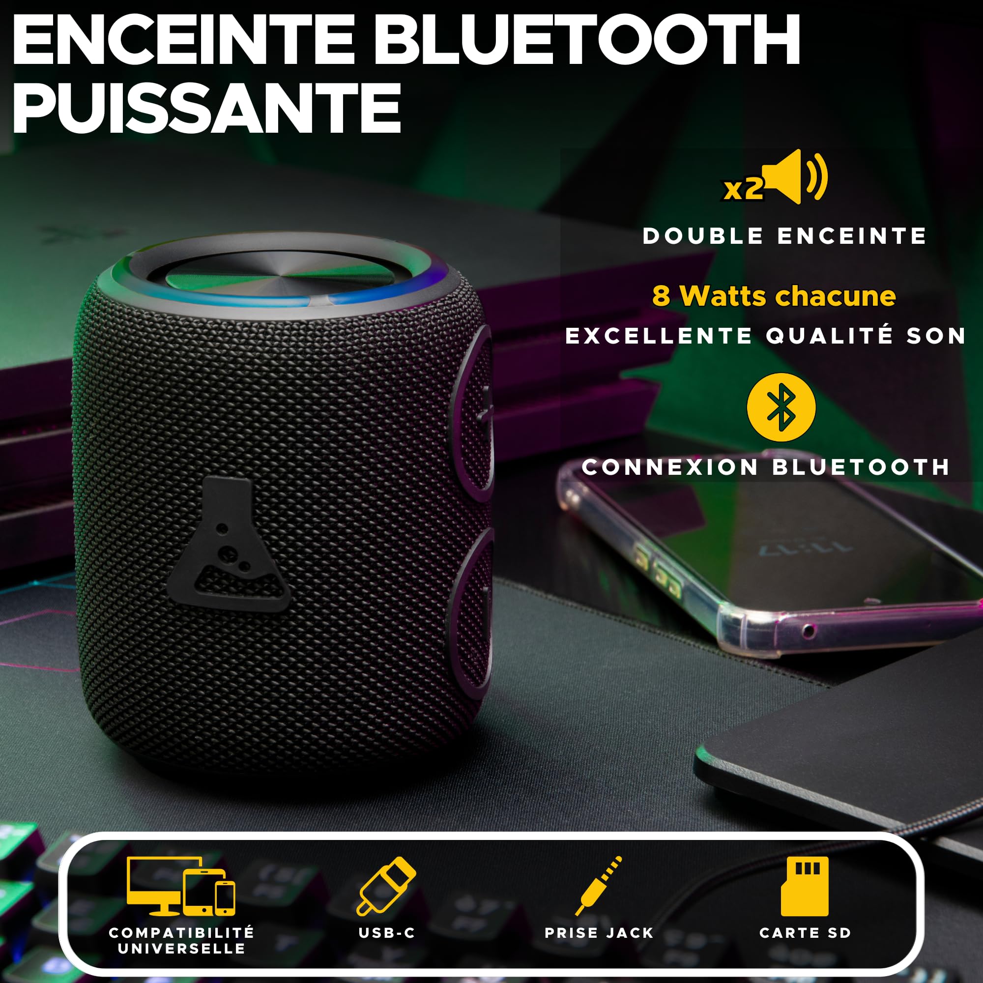 The G-Lab Klub Neon - Przenośny głośnik Bluetooth RGB 16W IPX7 | Bluetooth 5.0 & USB-C, 2x głośniki 8W, RGB, wodoodporne IPX7, przenośny, długi czas pracy