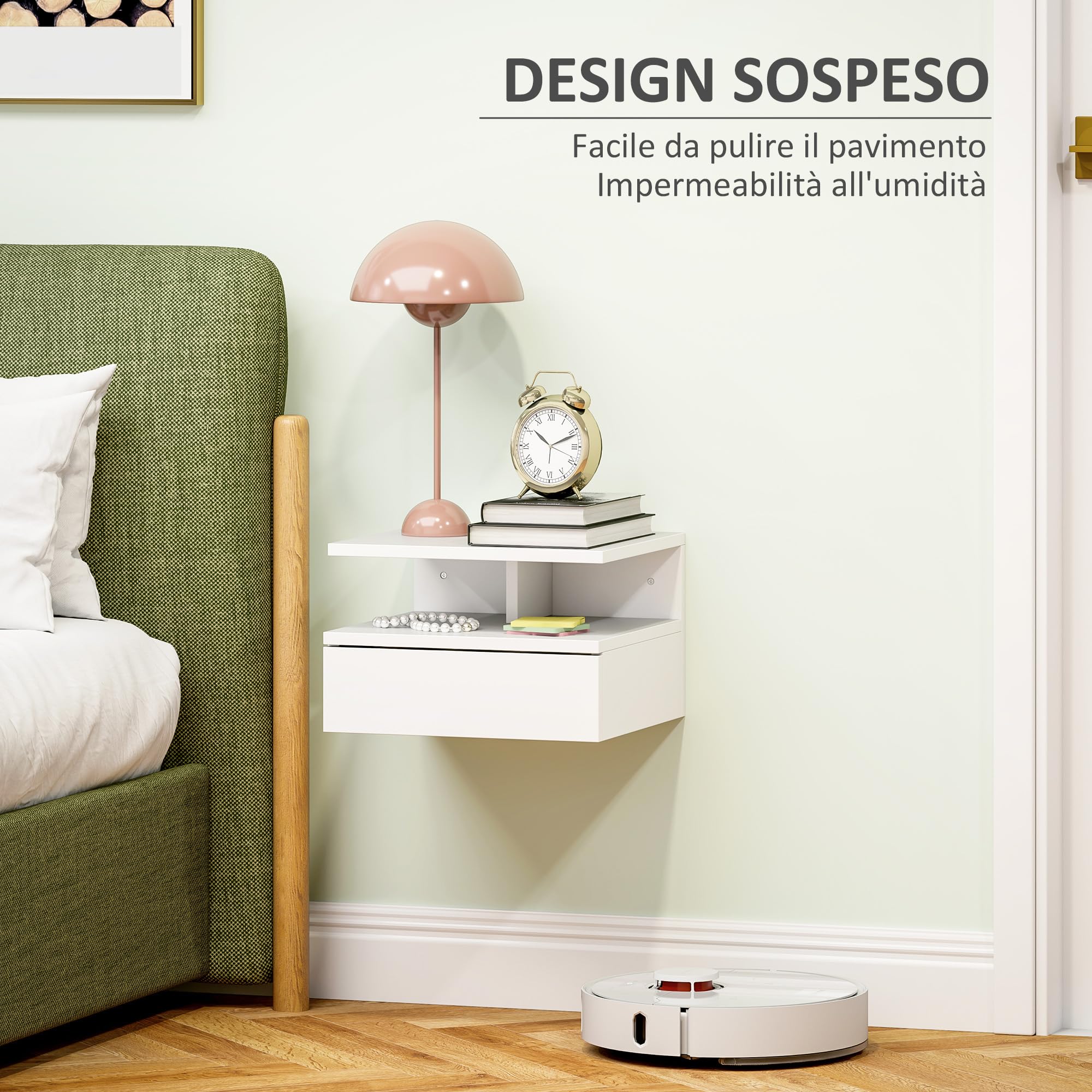 HOMCOM Comodino Sospeso Salvaspazio 35x32x22.5cm Bianco