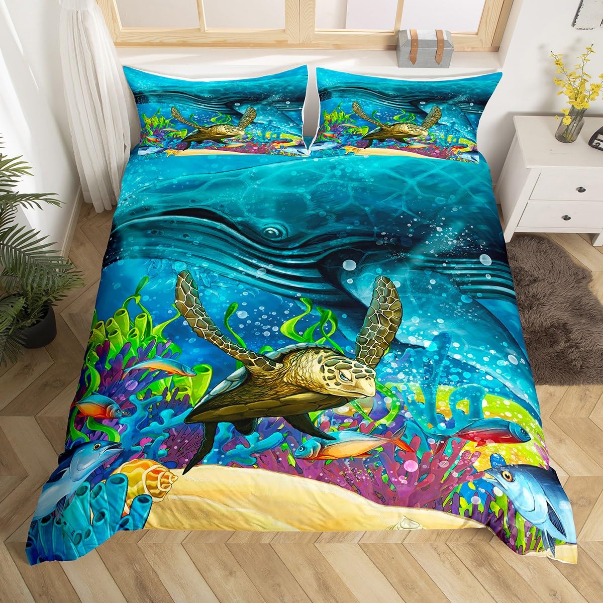 Loussiesd Ocean Sea Turtle Duvet Cover Set 3D Shark Sea World Bedding Set Colorful Blue Bedding & Linen Set Room 2Pcs Junior/Cot Bed Size,Zipper
