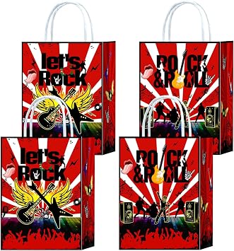 16 Pieces Rock and Roll Goodie Bags for Rock Star Music Birthday Party Supplies,Rock N Roll Gift Snacks Treat Candy Party Favors Bags with Handles for Kids Adults Rock and RollMusic Theme Party