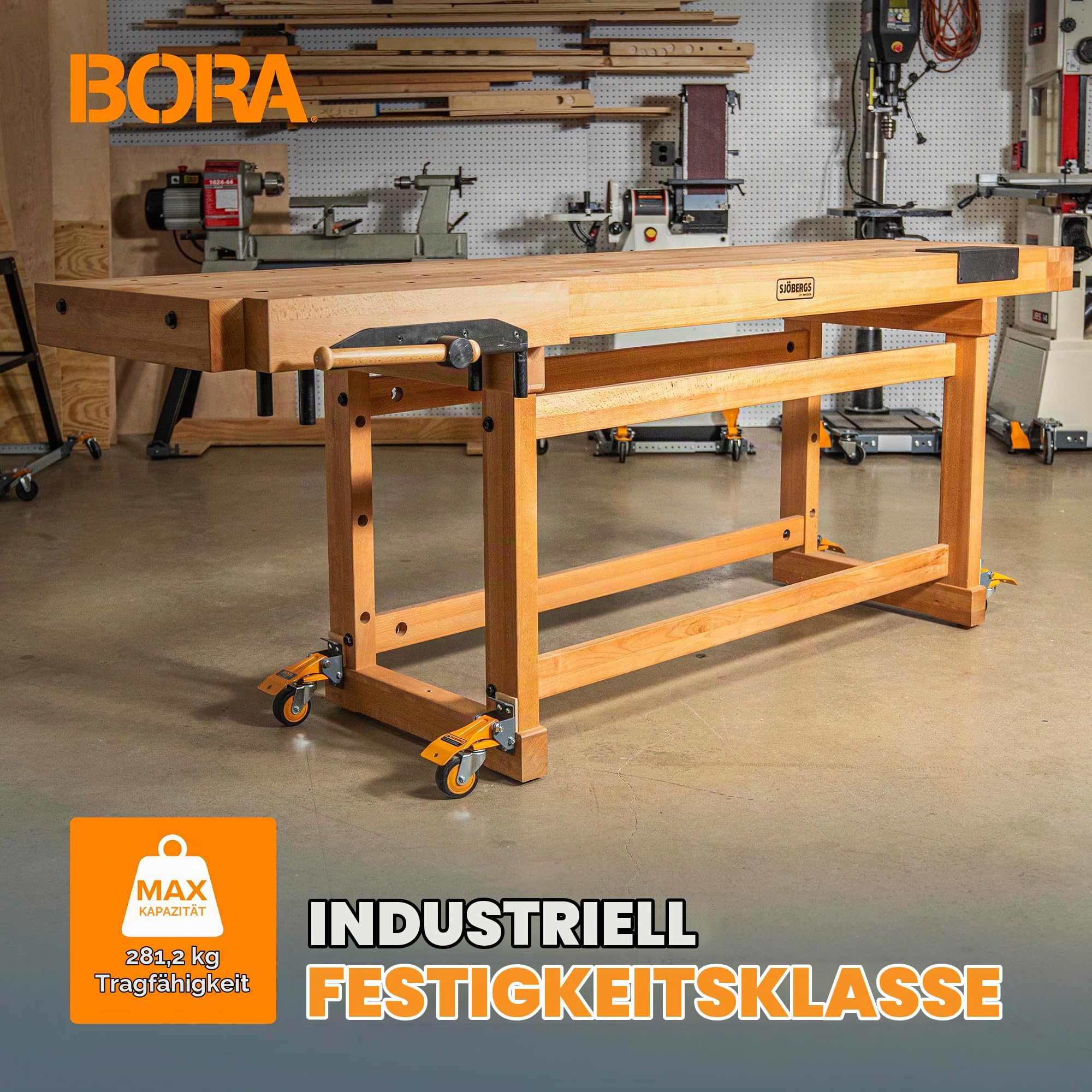 BORA Schwerlastrollen Set 4-teilig – Werkbank Lenkrollen mit Feststellbremse, 281 kg Tragkraft