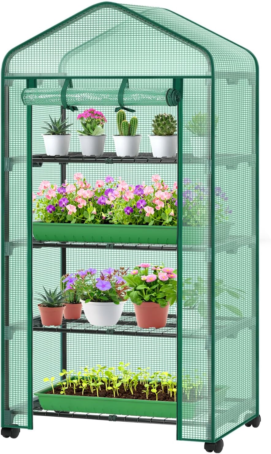 Ohuhu Small Greenhouse for Indoor Outdoor with Wheel, Portable Plastic Plant Green House 4-Tier Rack Stand Portable Greenhouses with Durable PE Cover for Seedling