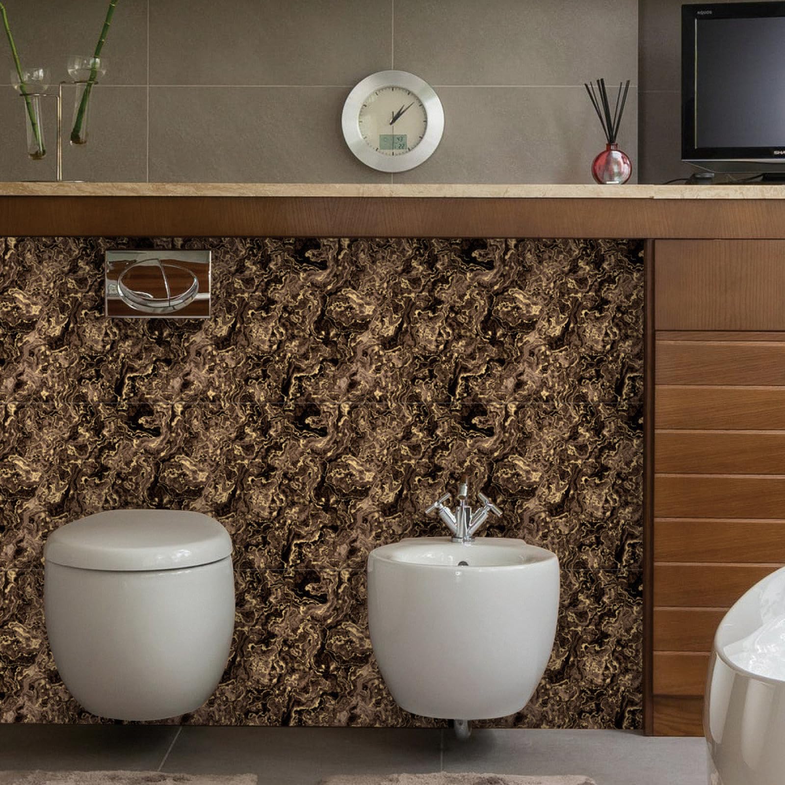 Piastrelle Adesive Cucina Marmo Marrone Scuro Pavimento pvc Adesivo Mobili Decorazioni Piastrelle Adesive Bagno Impermeabile Resistenza all'olio Mattonelle Adesive