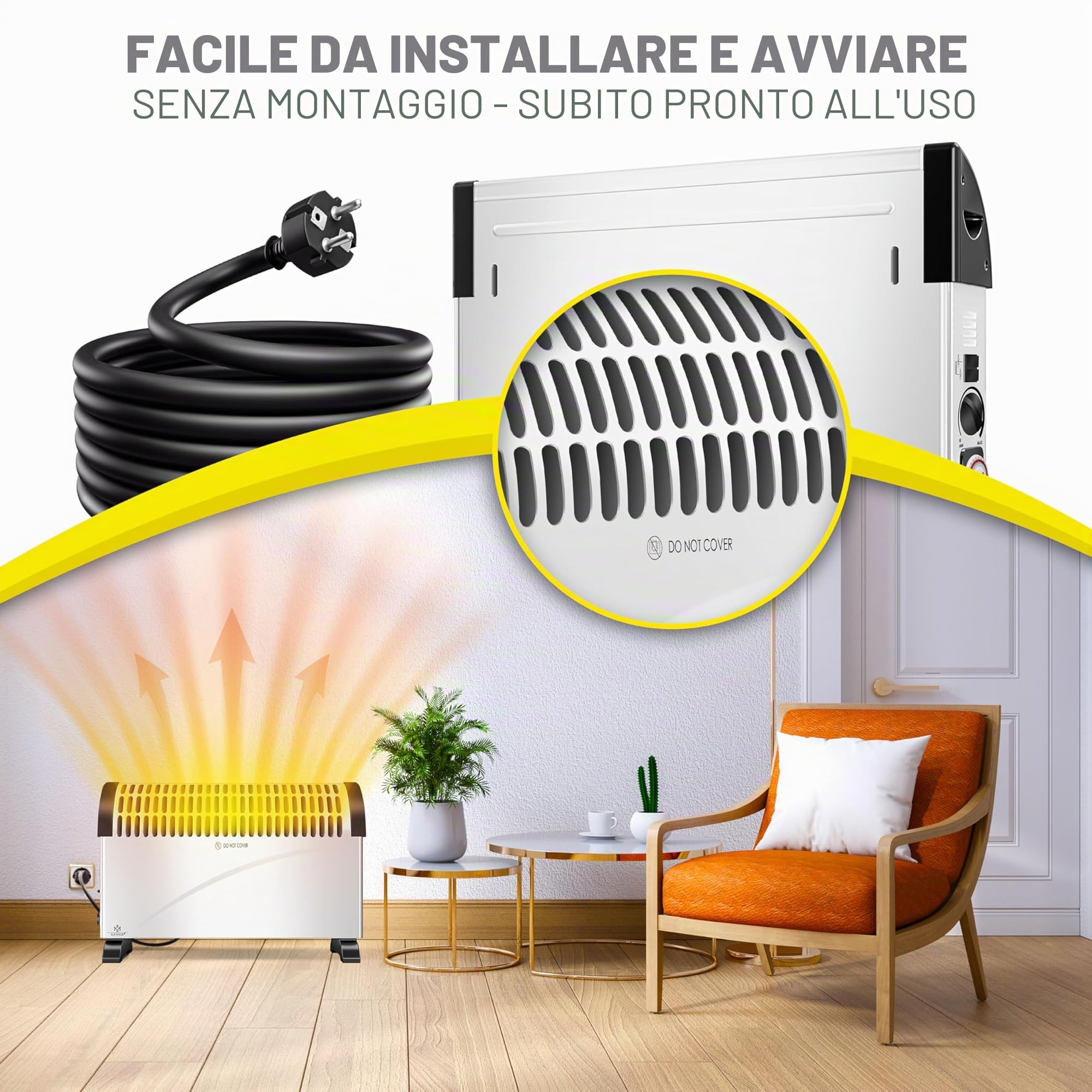 KESSER® Termoconvettore Riscaldatore da 2000 watt, timer 24 ore | controllo termico continuo | Riscaldamento turbo | 3 livelli | Vassoi per il trasporto, bianco