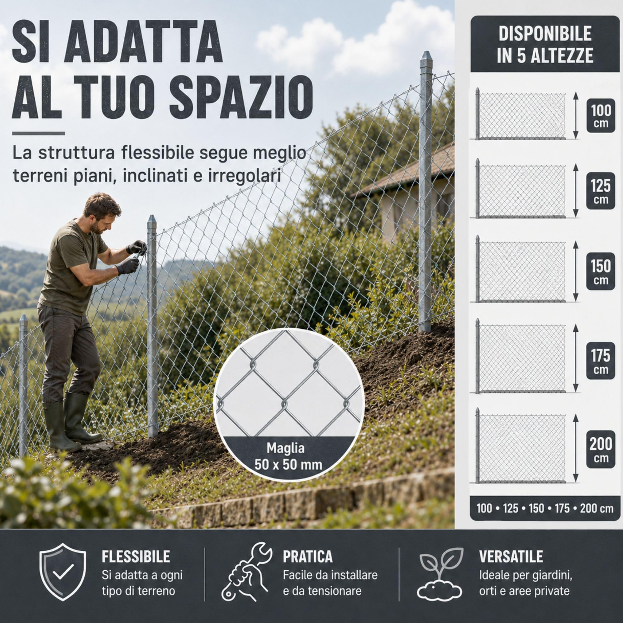 ITALFROM - Rotolo 25 Metri Rete Metallica Zincata per Recinzioni (H 175 cm) Rete Elettrosaldata Grigia a Maglia Sciolta 50x50mm con Diametro Filo 1,8mm, Rete da Giardino per Recinzione Rigida 2396