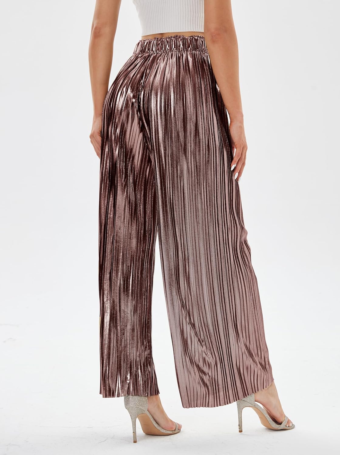 heipeiwa Women's Shiny Pleated Wide Leg Pants Party Nightout High Waist Trouser Folded Lightweight Outfit Clubwear - Image 3