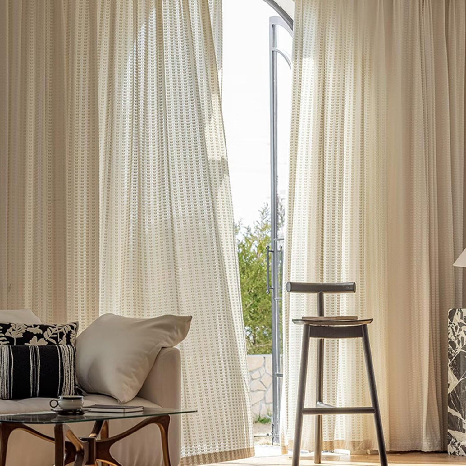 Beige Lace Embroidered Sheer Curtains Floral Boho Semi Sheer Privacy Curtains Pinch Pleat with Back Tab, 72 Inches Wide x 84 Inches Long x 1 Panel