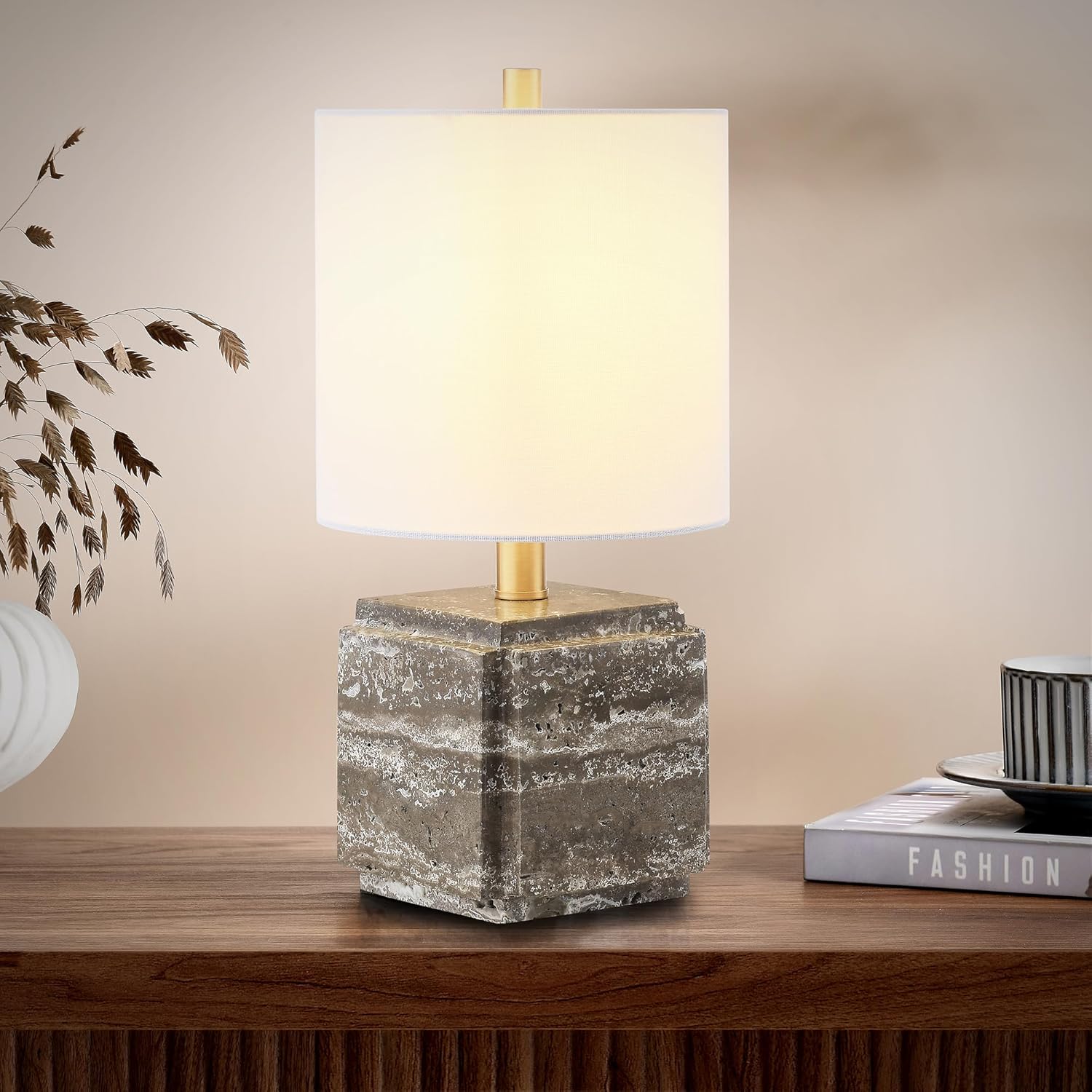 Henn&Hart 15.5" Eclectic 1-Light Stone Table Lamp with White Fabric Drum Shade for Living Room, Bedroom, or Office, Walnut Travertine