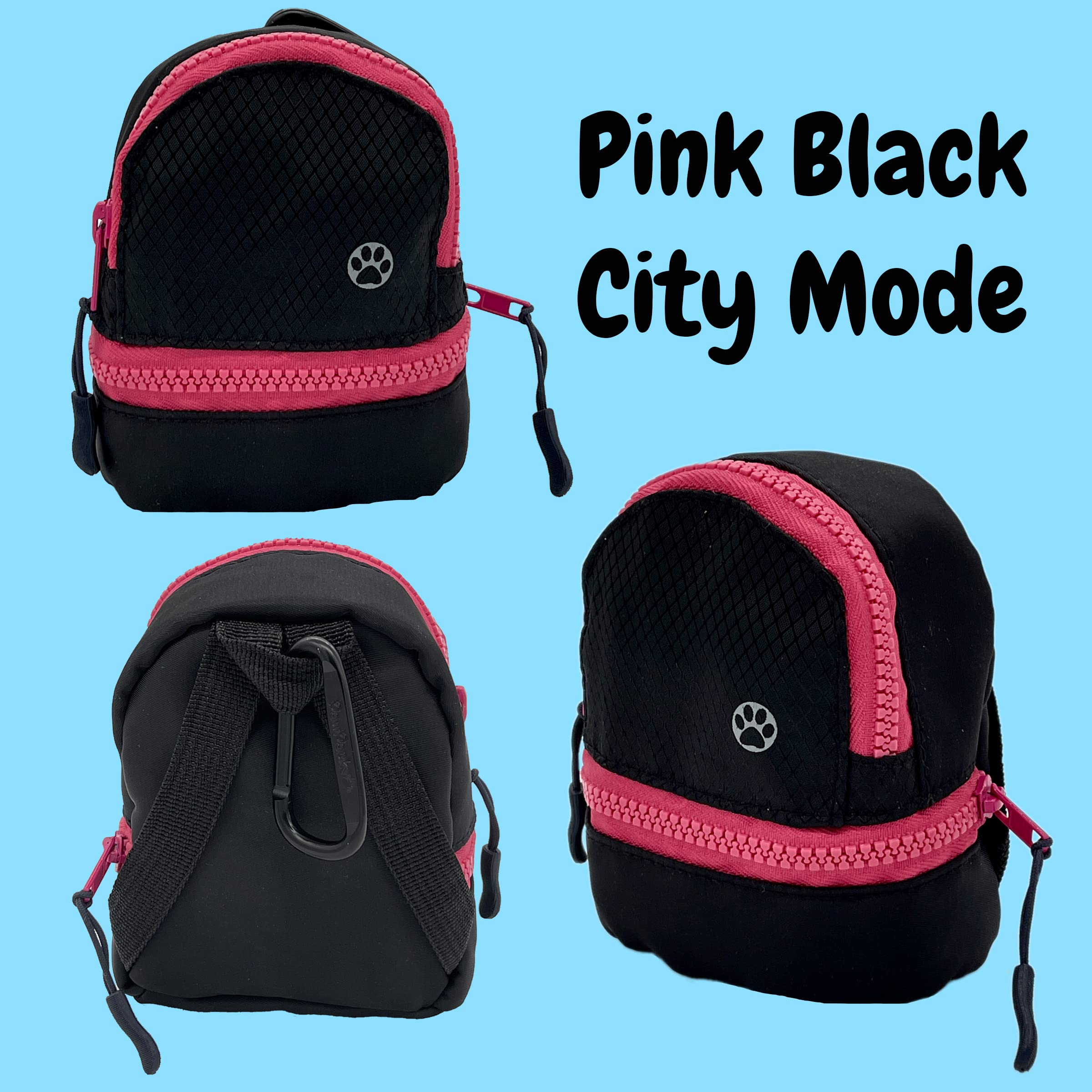 PawPacks LLC Dog Backpack, Cat Backpack, Small Carrier | Clip on Harness or Leash, Fun Pet Treat Holder, Toy Bag, or Waste Dispenser | OG Neon Series Color (Pink Black City Mode)