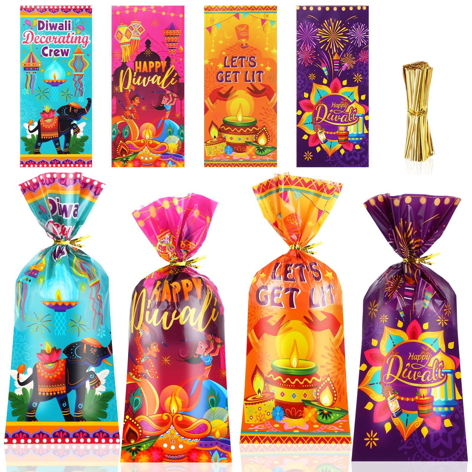 DPKOW 100pcs Diwali Gift Bags, Deepavali Clear Cellophane Bags Diwali Party Favor Bag, Deepavali Diyas Gift, Festival of Lights Treats Bag (4 Style) with Gold Twist Ties for Home Table Decorations