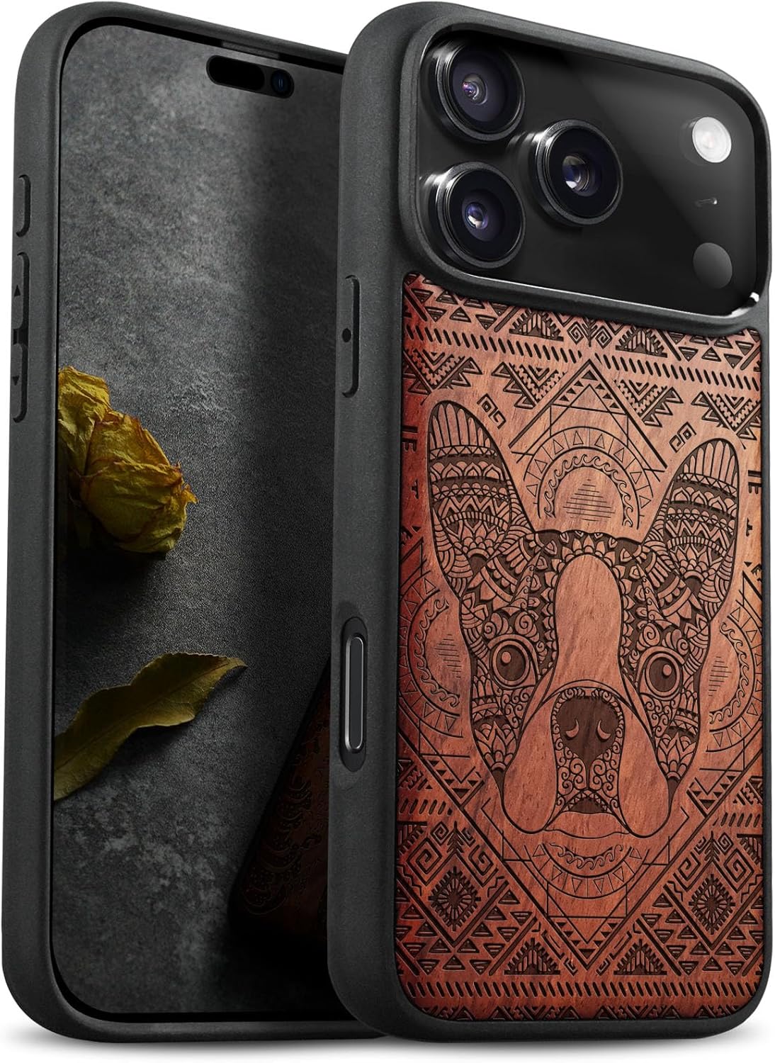 Carveit Magnetic Wooden Case for iPhone 17 Pro Max Case, Wood Artisan Engraved & Black Soft TPU Shockproof Cover, Compatible with MagSafe Wireless Chargers (The Turtle of Timeless) Blackwood