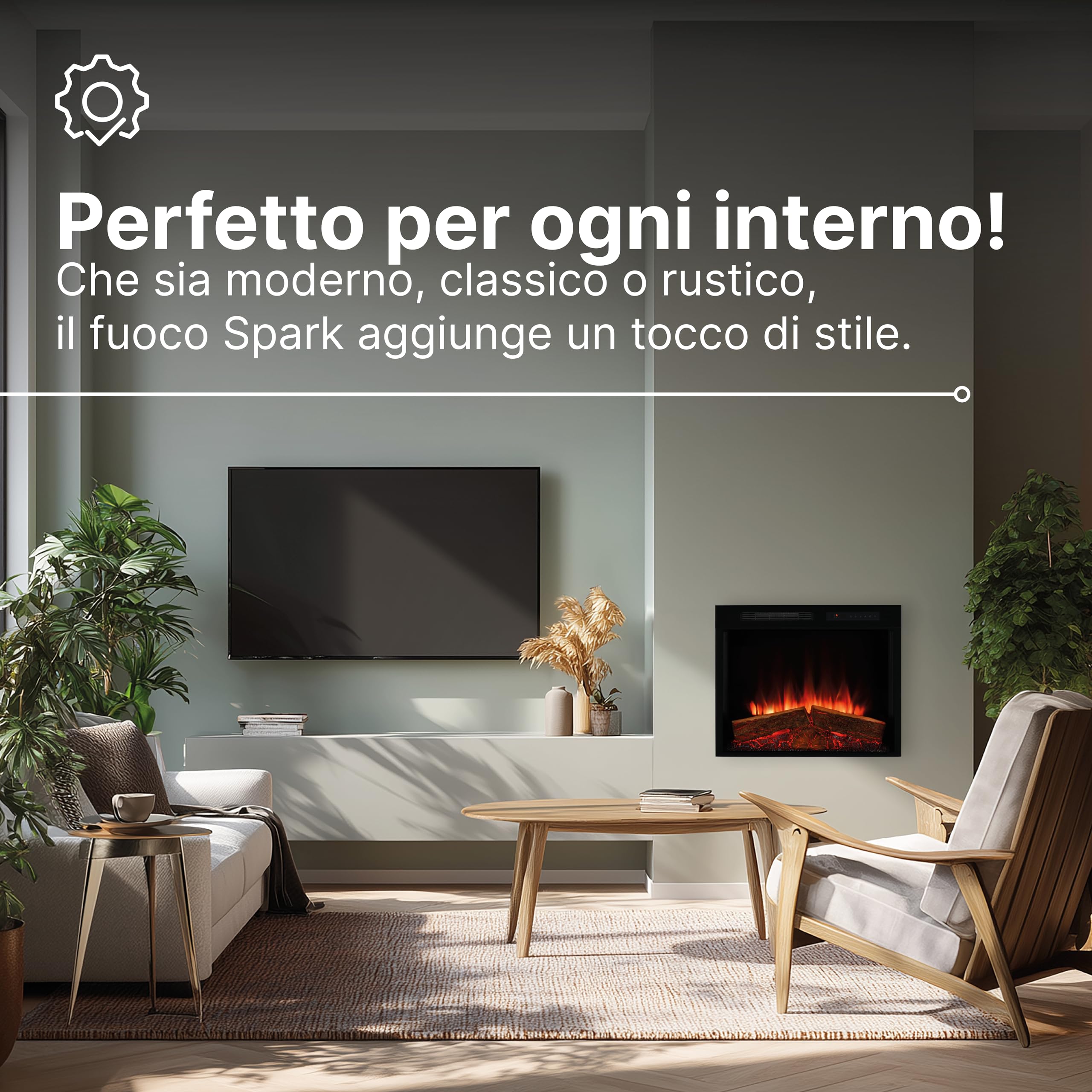 Dimplex Spark 26" Camino Elettrico da Incasso Camino Elettrico da Parete con Termoventilatore 2 kW Effetto Fiamma LED Optiflame, Velocità e Luminosità Regolabili Incluso Timer e Telecomando