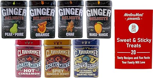 Ginger Delights and Clawhammer Mints - Paquete de regalo variado de 7 sabores 1 cada uno raíz de jengibre picante canela caliente menta fuerte chai