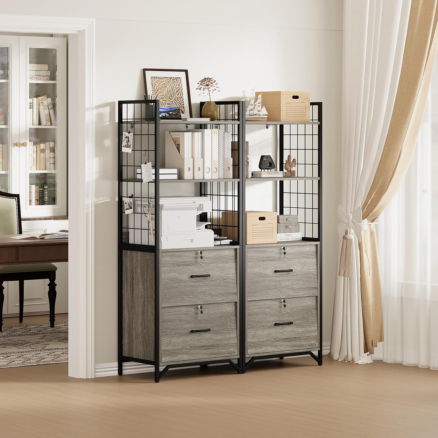 File Cabinet for Home Office, 64" Filing Cabinet with Printer Stand and Bookshelf, Small Office Cabinet with 2 Wood Drawers and Locks, Farmhouse Office Organization and Storage Fits A4/Letter/Legal