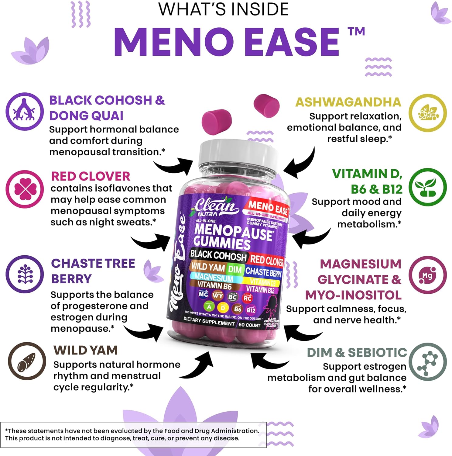 Menopause Supplement for Women Gummies with Black Cohosh, Wild Yam, DIM, Magnesium, Red Clover Chasteberry for Hormone Balance Relief Night Sweats Mood Plus Bergamot, Vitamin D3, Vitamin B6 B12 - Image 6
