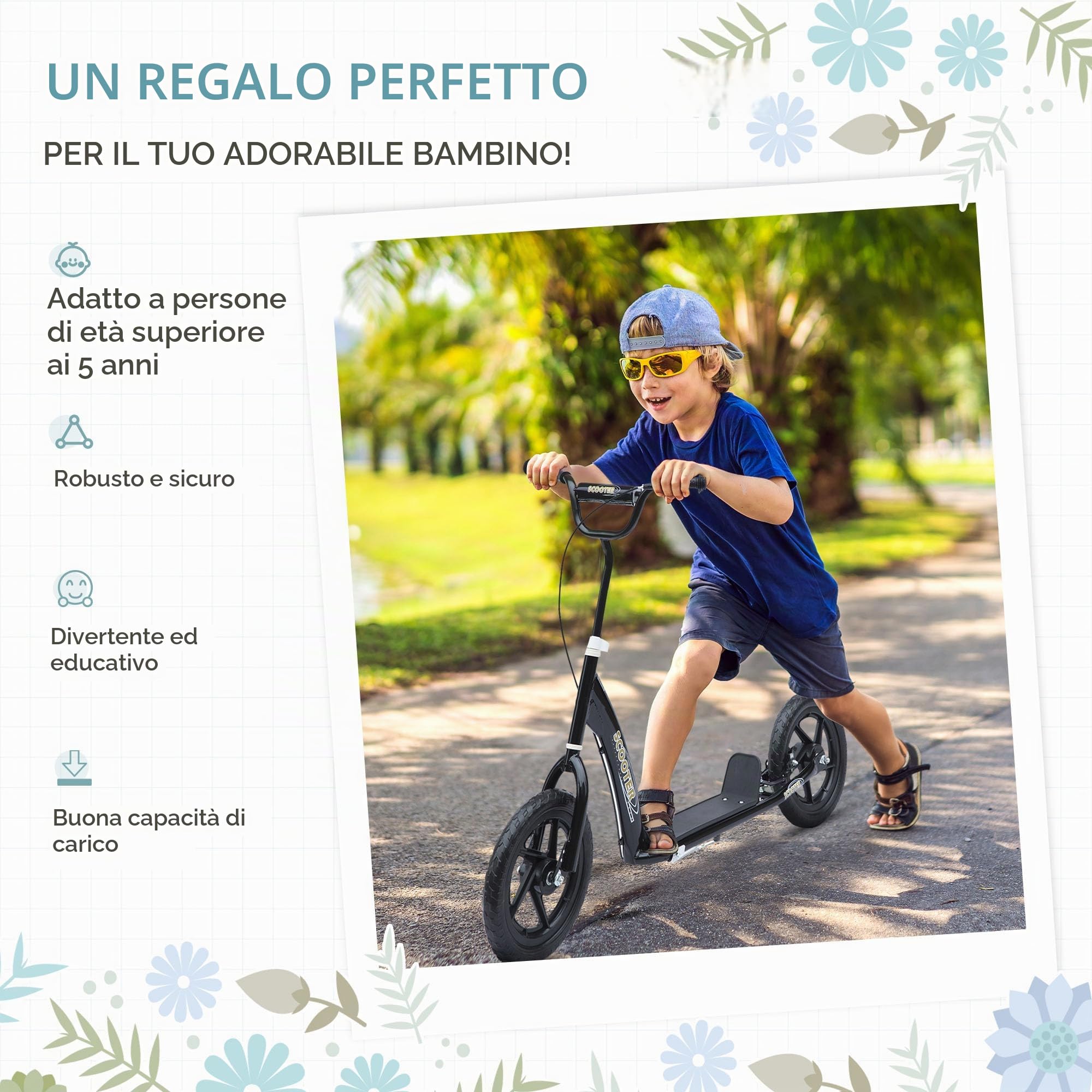 HOMCOM Monopattino per bambini pista pneumatici 30 cm altezza manubrio regolabile maniglia freno e cavalletto in acciaio per bambini dai 5 anni
