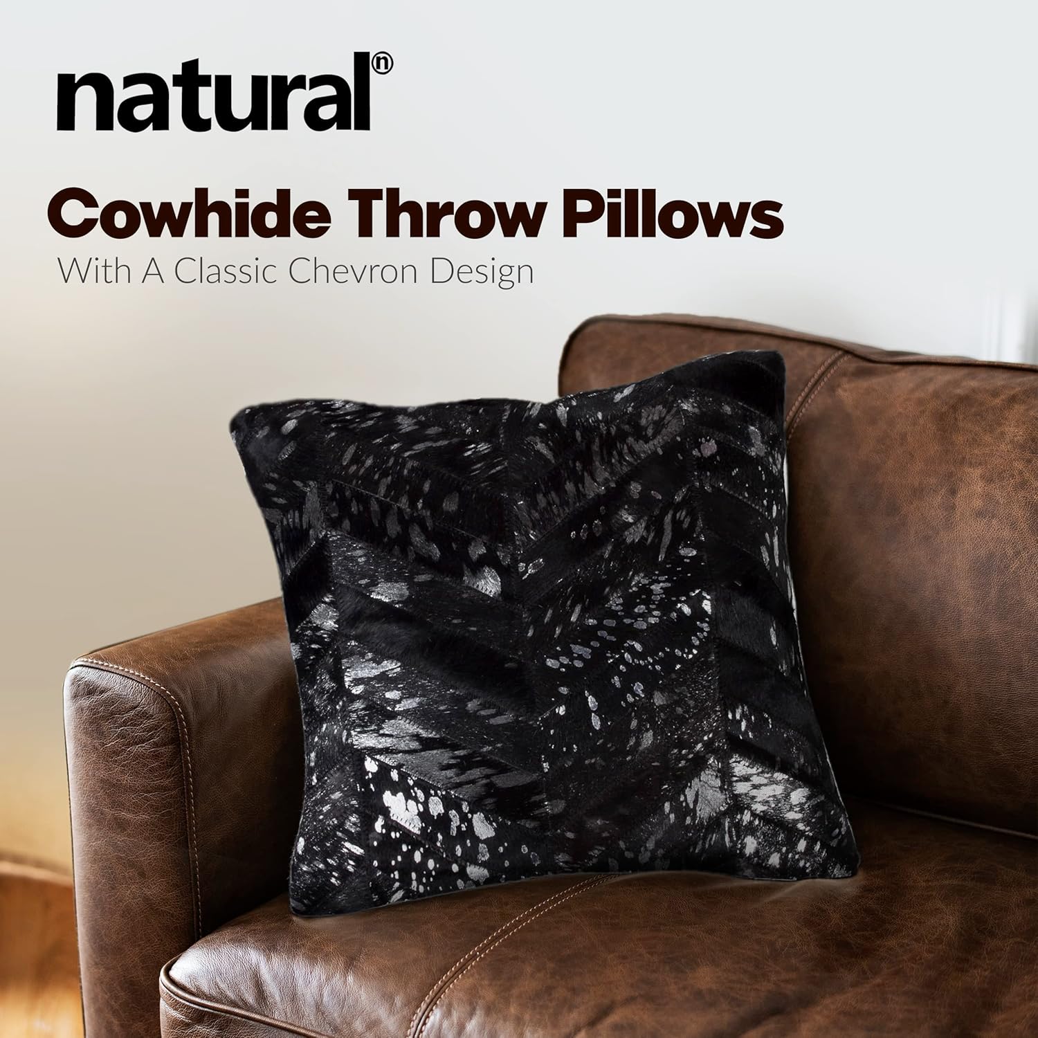 Natural Torino Cowhide Throw Pillows with Poly Insert | Quattro Accent Pillows Handcrafted from 100% Cow Hide, Silver/Black, 18 in x 18 in