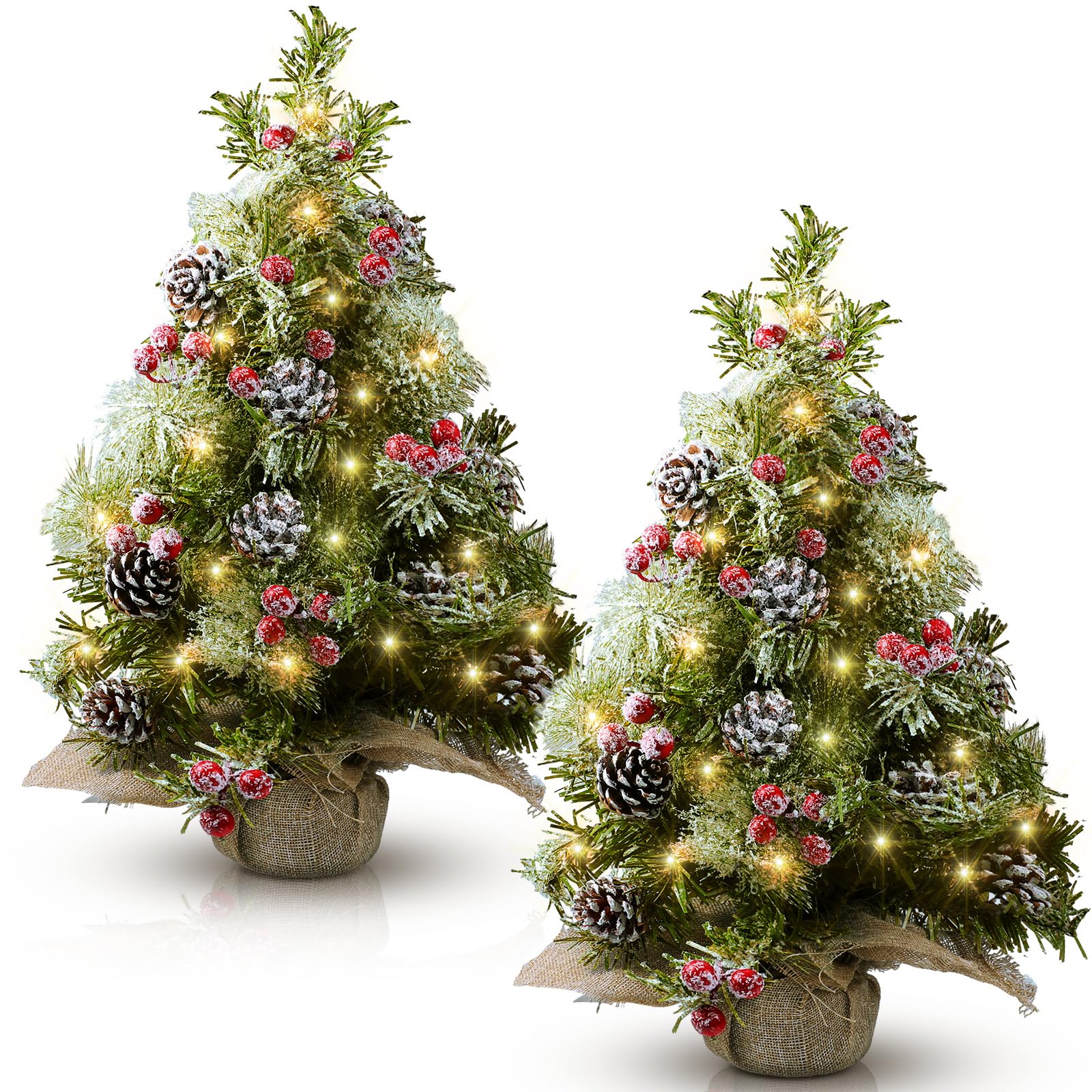 Liliful 2 Pcs 18 Inch Artificial Mini Christmas Tree Tabletop Decor with LED Lights Snow Pine Cone Berry Branches Lighted Small Christmas Tree Thick Christmas Tree for Table Outdoor Decor