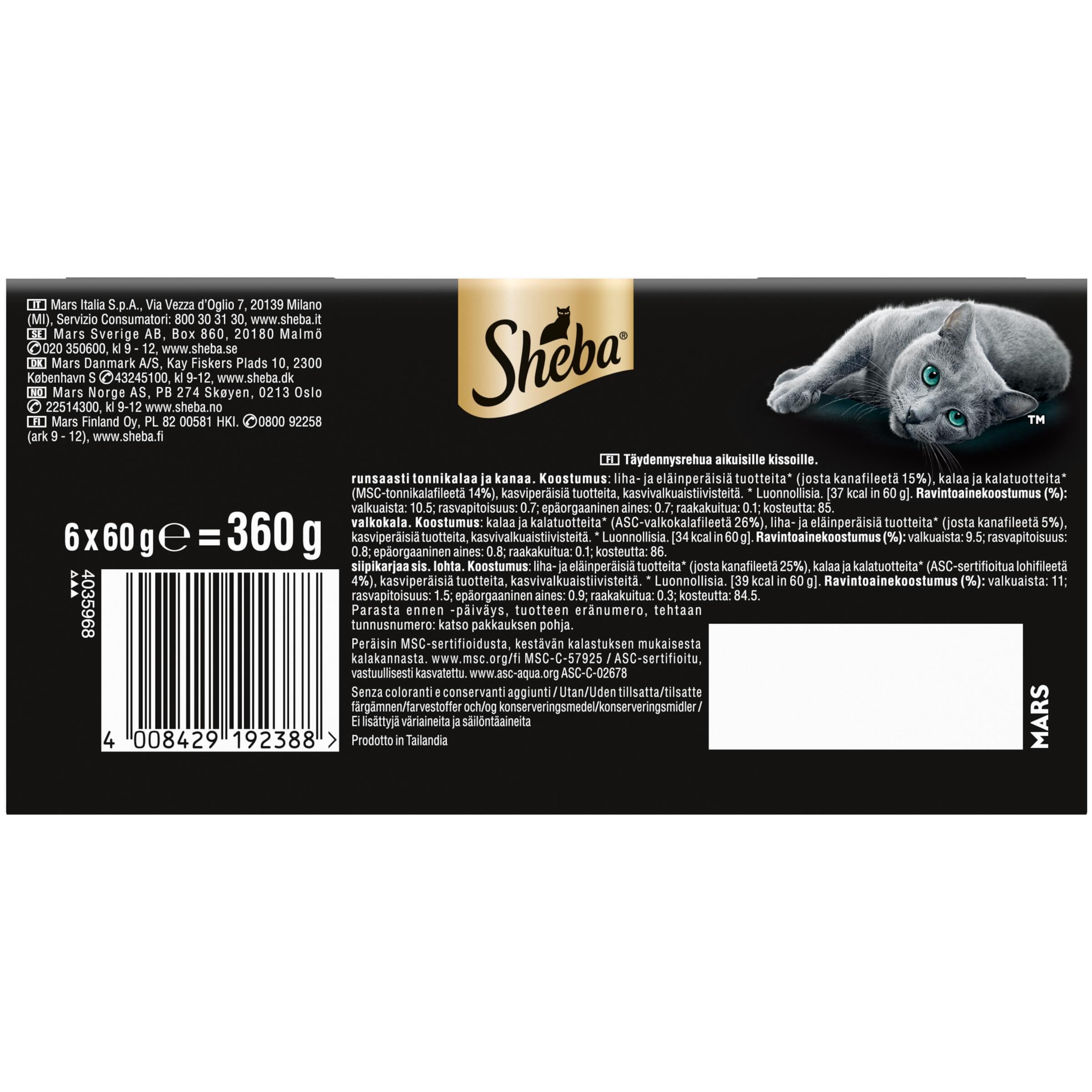 Cibo per gatti adulti SHEBA Filets gusti assortiti in salsa Vaschette 6x60g, confezione da 6
