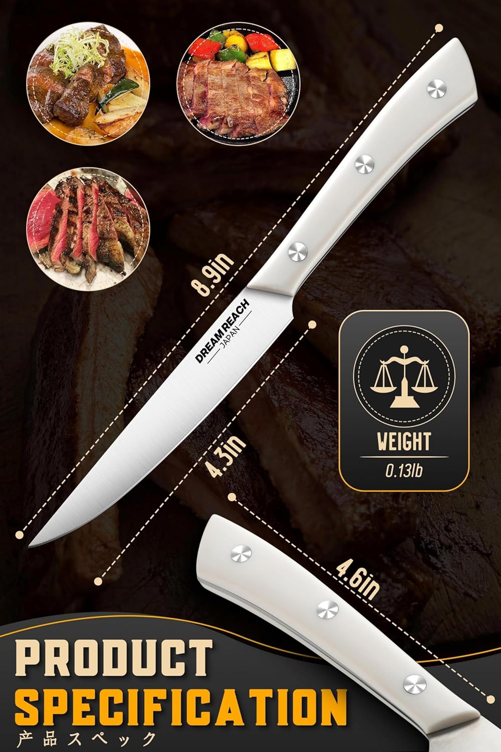 Dream Reach Steak Knife Set - Steak Knives Set of 4 Japanese Stainless Steel Sharp Dishwasher Safe Gifts for Men Women