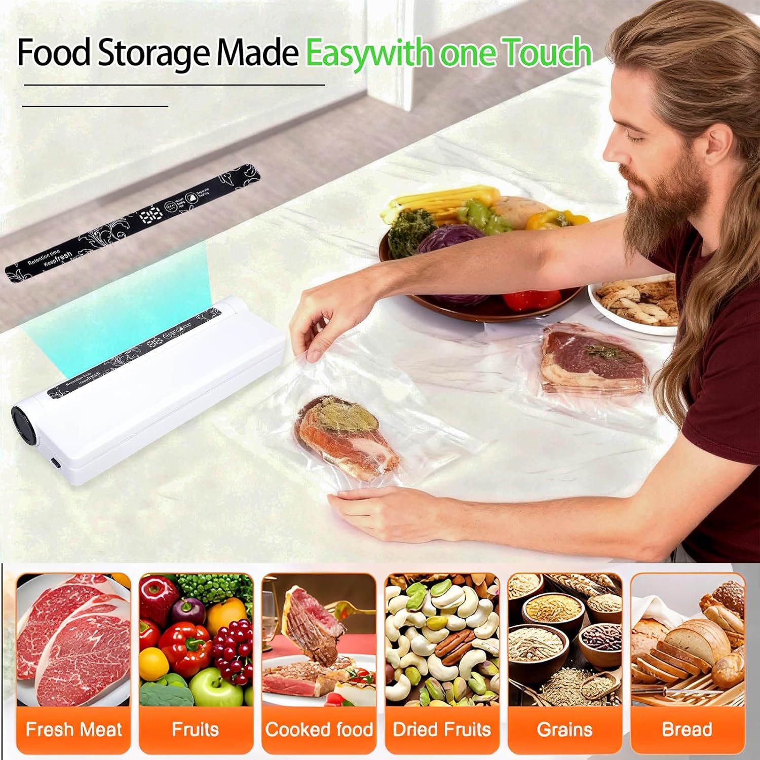 Food Vacuum Sealer Machine,Dry/Wet Modes,75KPA Strong Suction,Compact Household Vacuum Sealer,Digital Countdown Timer,Includes 20 Vacume Sealed Bags,for Home Kitchen Use,Restaurant Food Storage - Image 4