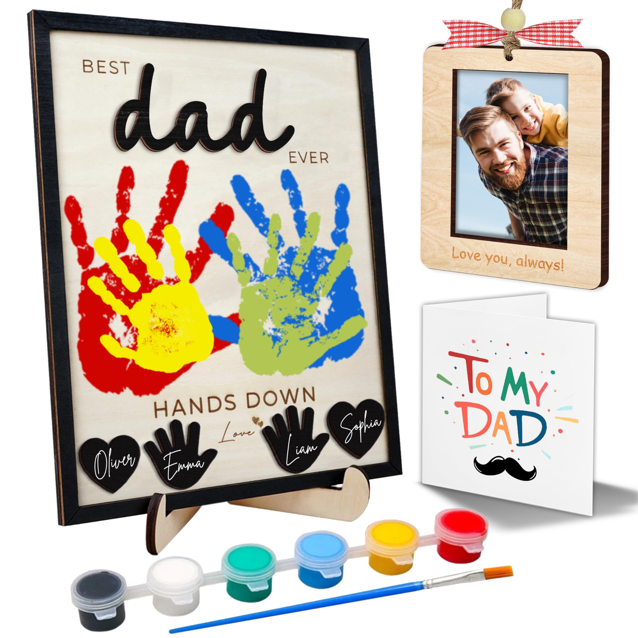 10" Best Dad Ever Hands Down DIY Handprint Kit with Acrylic Paint, Art Craft Family Keepsake Wood Frame Dad Keychain Birthday Father's Day Gift for Daddy, Papa Family Sign with Kids Names HF90-D