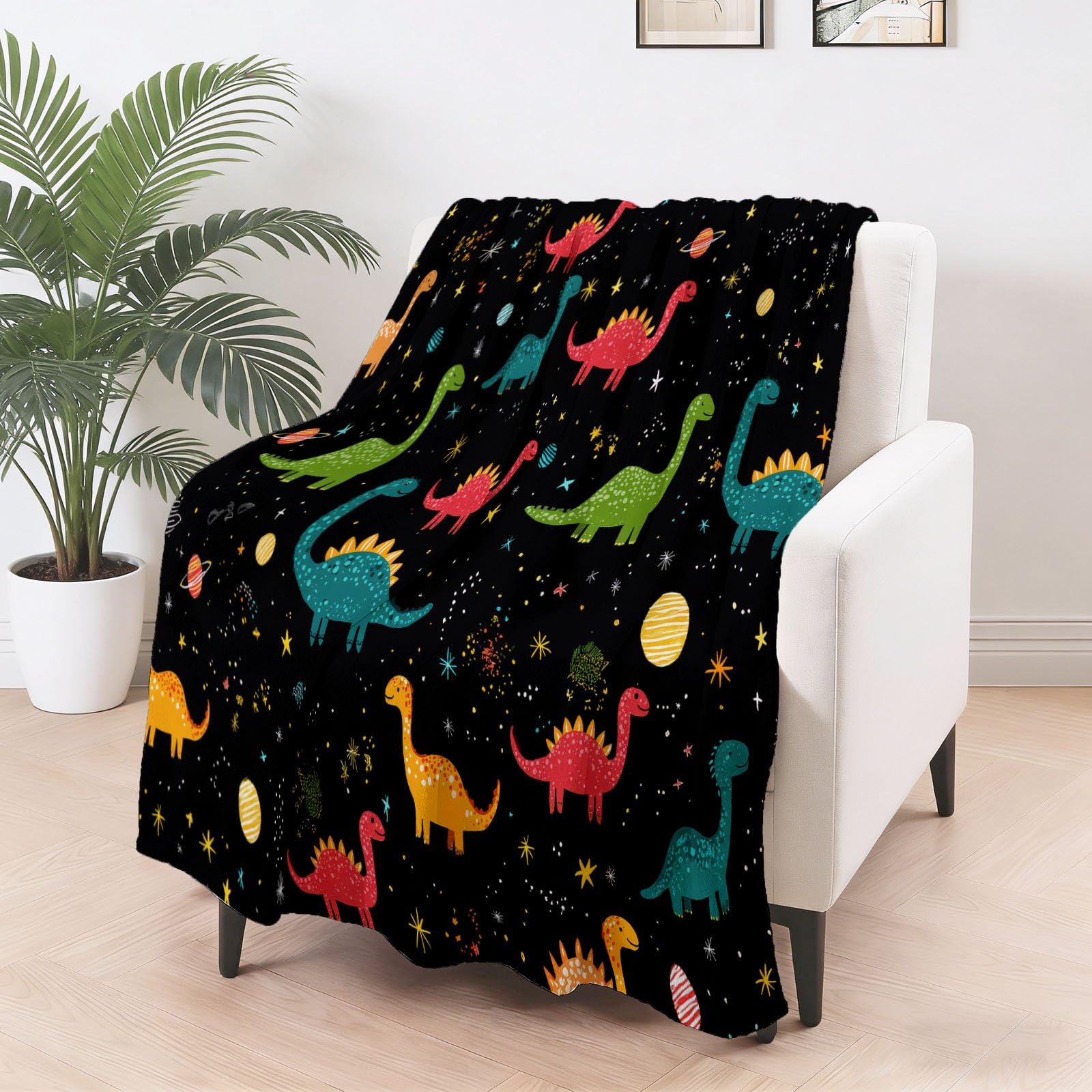 Cartoon Weltraum Kuscheldecke Dinosaurier Sterne Planeten Decke Tagesdecke Wohndecke Schwarz, Couchdecke Weich Warm Flauschig, Sofa Decke für Reisen Zelten Outdoor, 150 x 200 cm