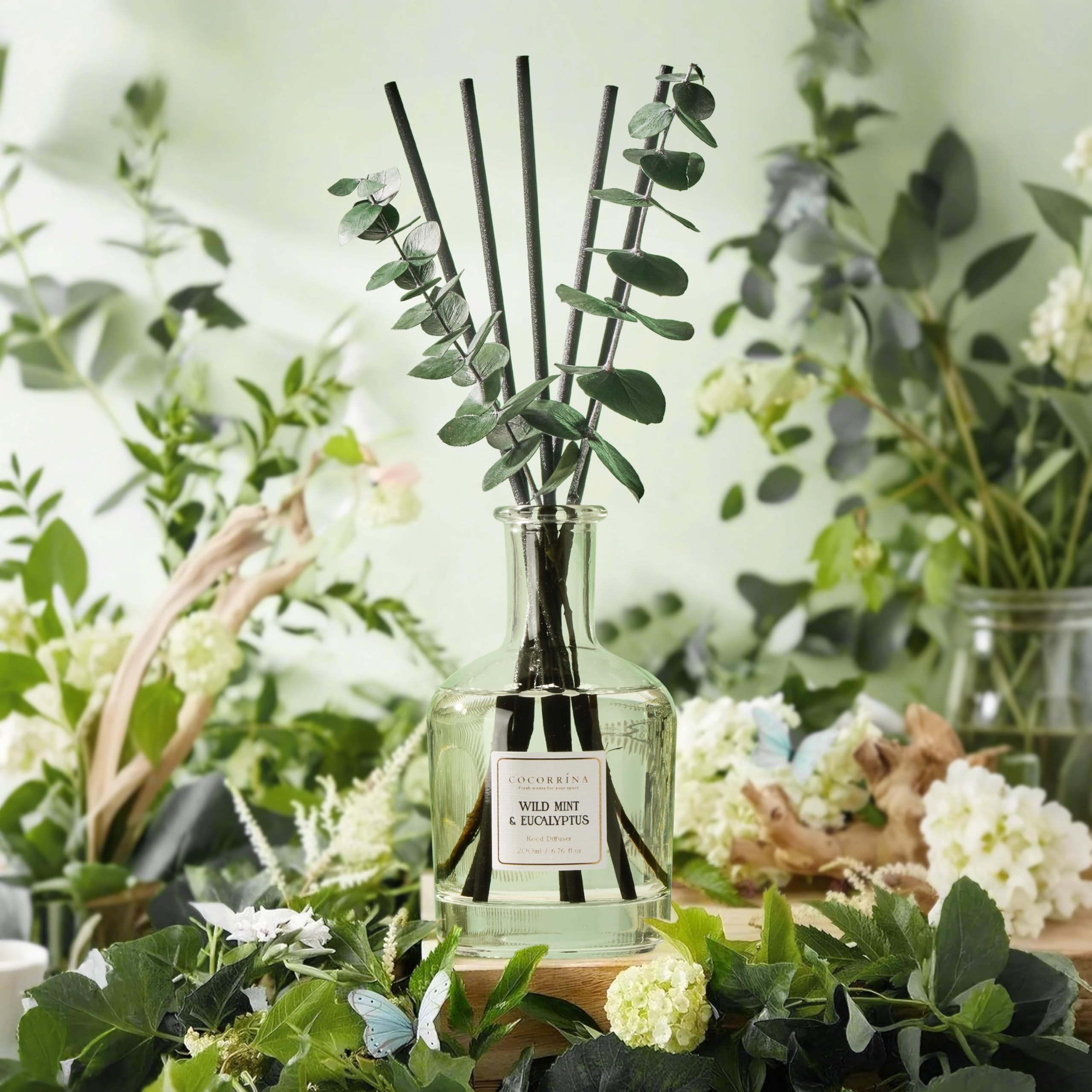 COCORRÍNA Schilfrohrdiffusor - Duft Wilder Minze & Eukalyptus, 191.6 g ätherisches Öl, langanhaltender Duft, dekorative Glasflasche mit echten Blättern, Schlafzimmer oder Badezimmer Dekor