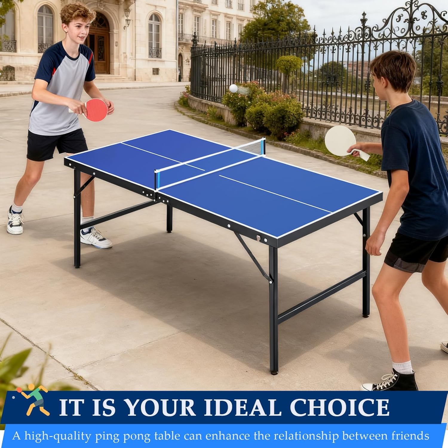 5FT/9FT Portable Ping Pong Table, Table Tennis Game Set with Quick Clamp Ping Pong Net, Indoor Regulation Size Foldable Table Tennis Tables w/ 2 Paddles, 2 Balls, Quick Assembly