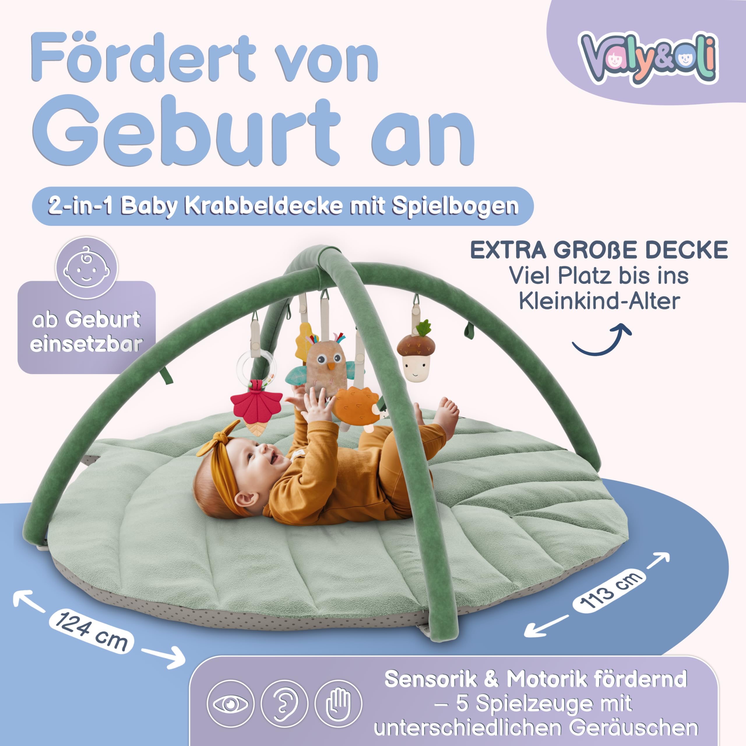 Valy&Oli® Spielbogen Baby XXL - Extra Weiche Spieldecke Baby inkl. 5 Höhenverstellbaren Sensorischen Spielzeugen - Spielebogen Babies zur Motorik & Sinnesförderung, Baby Play Mat & Baby Gym